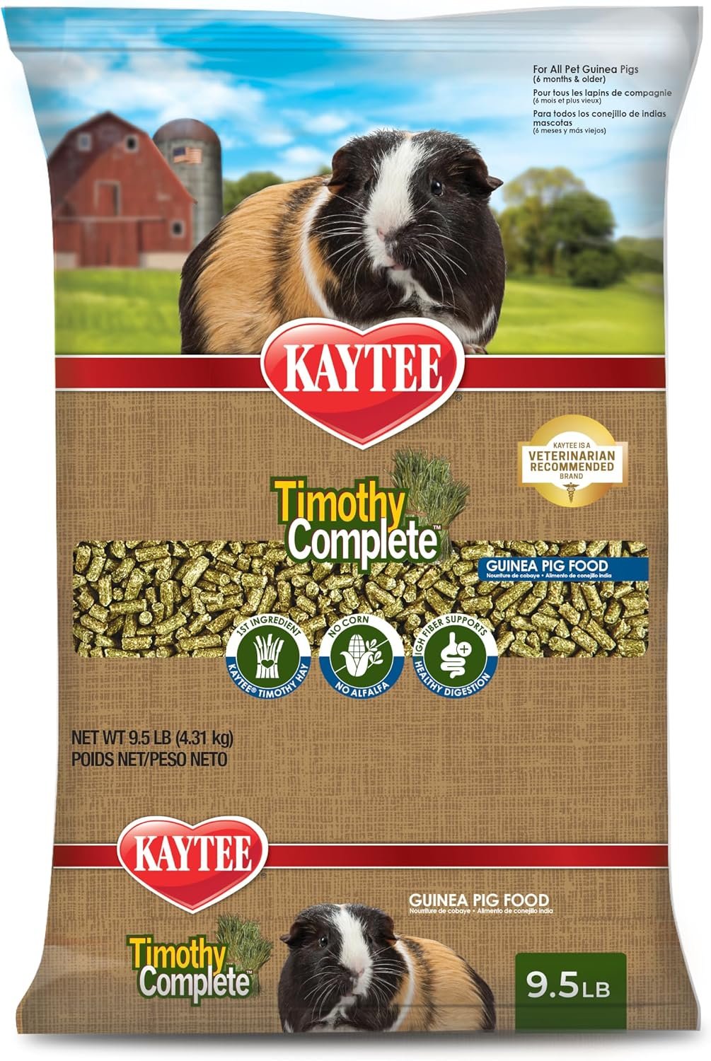 Kaytee Timothy Complete Guinea Pig Food, Made with Timothy Hay, High in Fiber, Supports Dental Health and Digestion, Long-lasting Vitamin C, 9.5 pounds