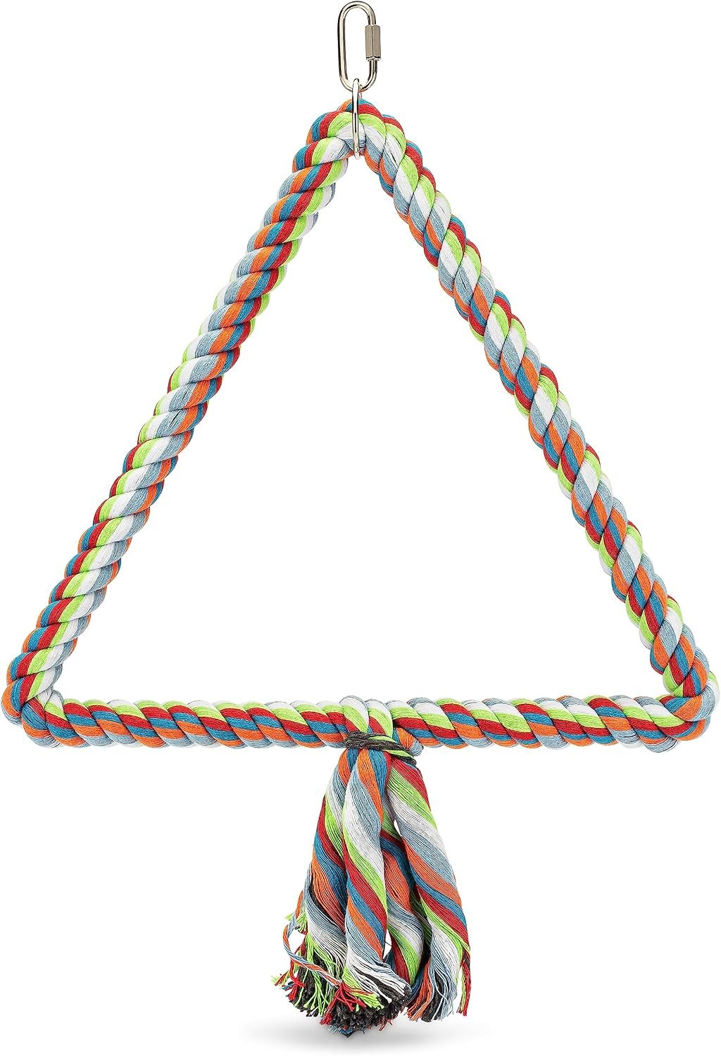 Spoiled Pet® Large Bird Rope Perch Triangle Swing Toy Multicolor 12 Inch | Natural cotton & steel rod cage accessory for Parrots Cockatoos, Safe to climb, chew, relieve boredom, with metal quick link