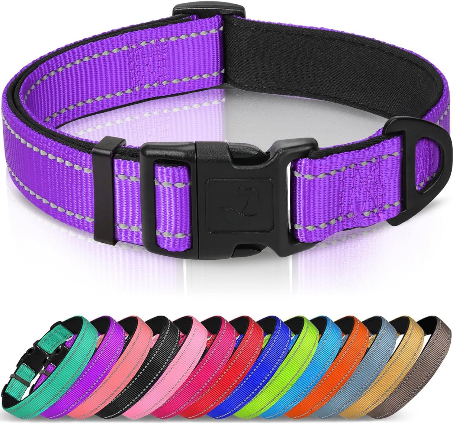 Joytale Reflective Dog Collar, Adjustable Neoprene Padded, Purple M | Breathable Nylon for Medium Dogs, No Chafing on Walks and Backyard Play, All-Day Comfort, Metal D-Ring, Night Safety