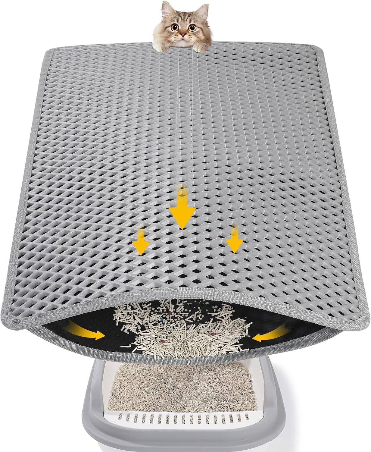 Double Layer Cat Litter Mat, Waterproof Non-Slip, 24 x 15 Inch | Honeycomb litter trapping, EVA soft paw-friendly material, urine-resistant layer, easy shake or rinse clean