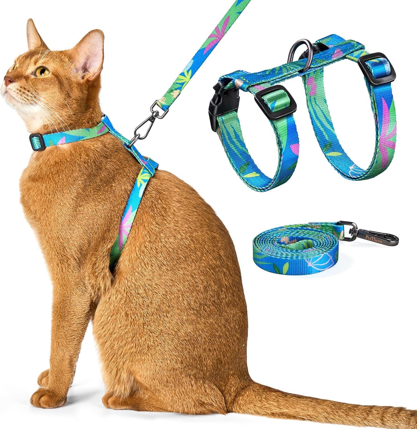 Adjustable Cat Harness and Leash Set Escape Proof (Hawaii Green) | Comfortable Soft Lightweight, Use Safe & Easy, Walking Travel Kitten Harness for Small Medium Large Cats