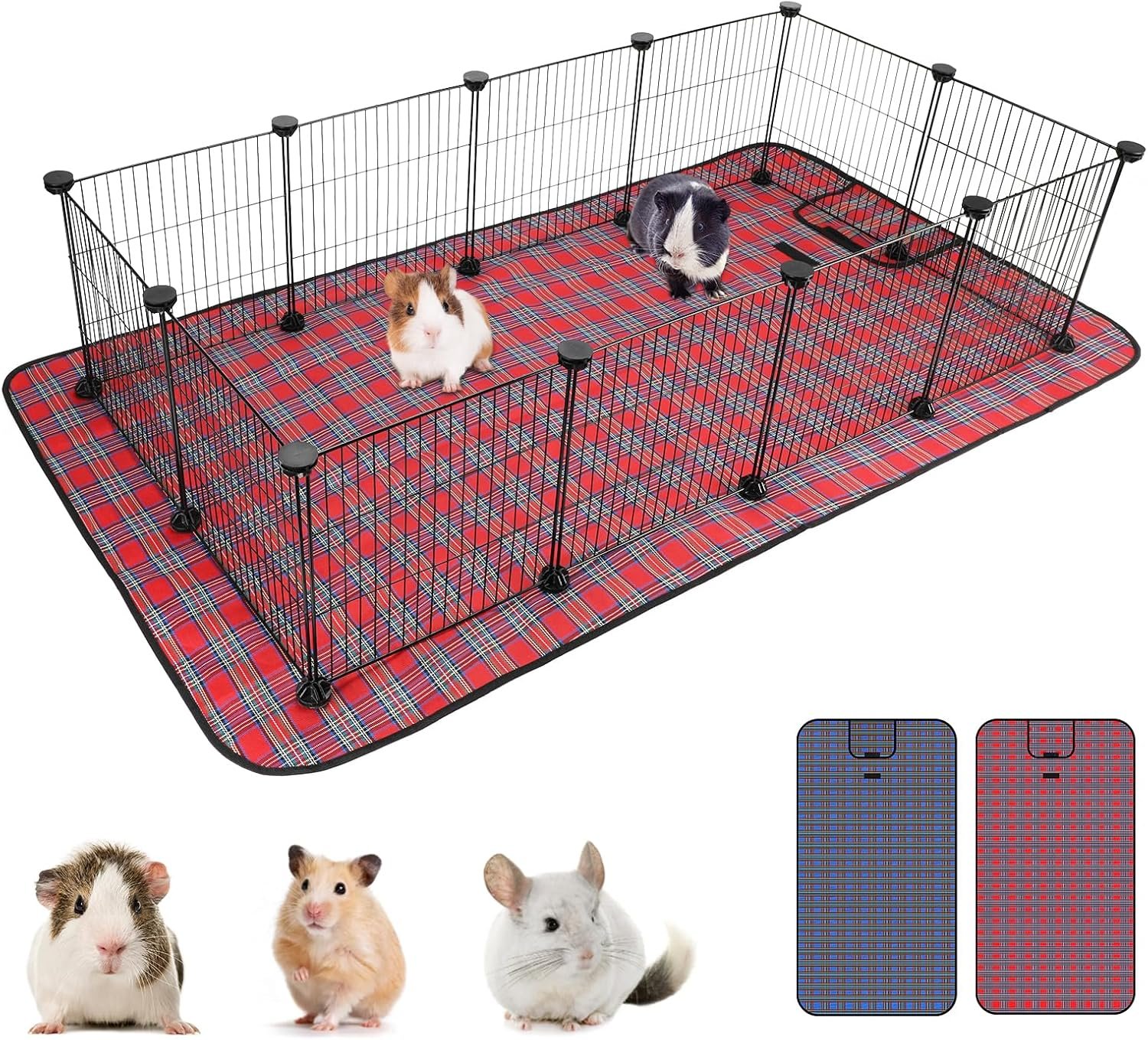 C&C Cage for Guinea Pigs, Guinea Pig Playpen with Mat, 12 Panels | 12 x 12 in, Waterproof Red and Blue Mats, 30 Cable Ties, 24 Connectors, DIY Cage Setup, Guinea Pigs and Rabbits