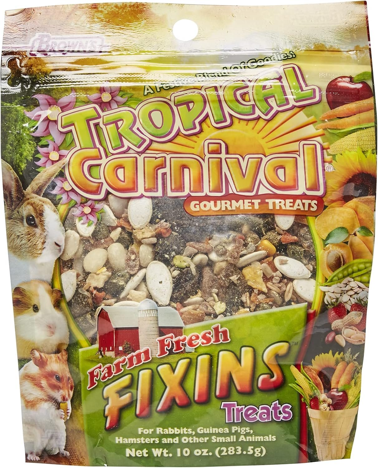 F.M. Brown’s Tropical Carnival, Farm Fresh Fixins Treats for Rabbits, Guinea Pigs, Hamsters, Rats, Mice, and Other Small Animals, Healthy Mix of Fruits, Veggies, Seeds, and Hay, 10 oz