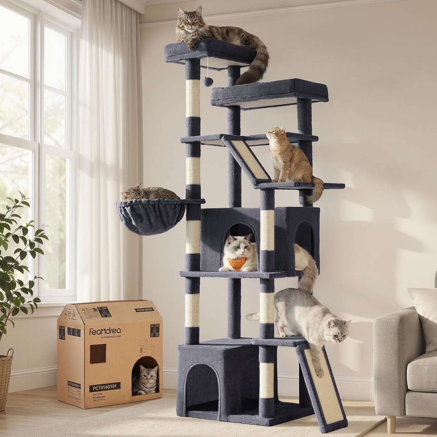 Feandrea 72.6-Inch Tall Cat Tree Tower for Indoor Extra Large Cats, Scratching Posts, Scratching Boards, Multi-Level Design, Dark Gray UPCT014G201S
