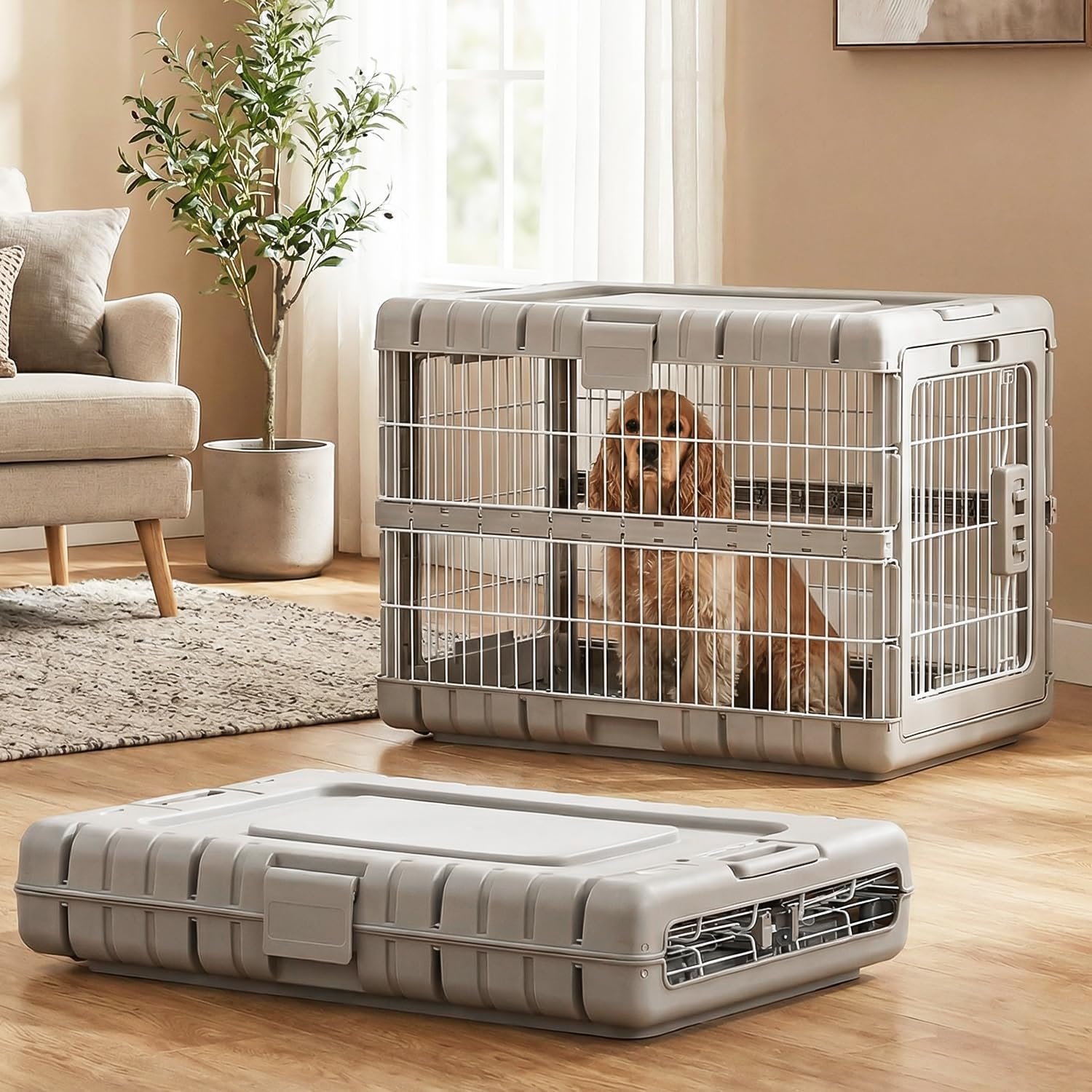 ZOMISIA Collapsible Dog Crate for Dogs – 28″ L Heavy Duty Dog Kennel No Tools Required with 4 Sides Steel Foldable Cage for Dogs Indoor Furniture, Portable Carrier with 2 Smooth Wheels, Beige