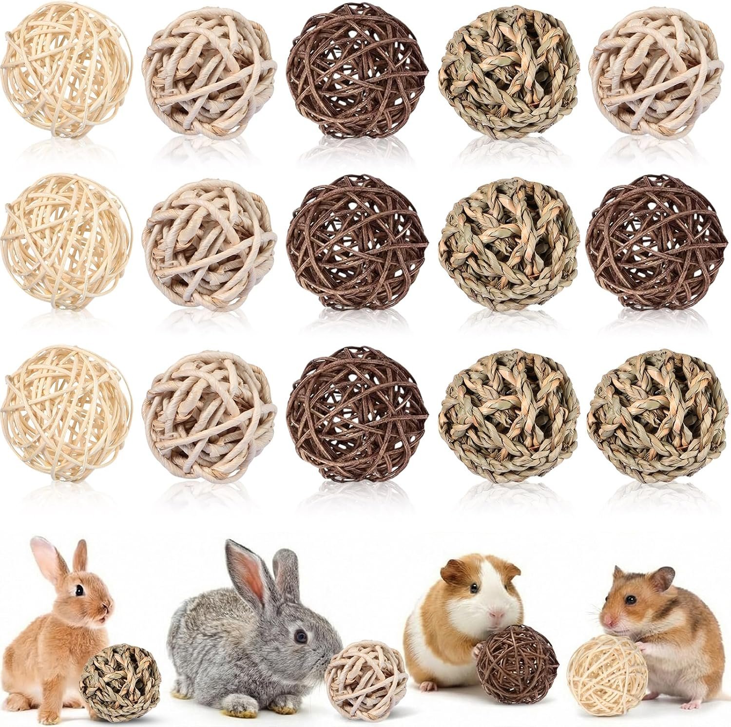 Skylety 15 Pieces Bunny Chew Balls for Rabbits, Small Animal Rolling Grass Toys and Treats for Guinea Pigs, Chinchillas, Hamsters, Mice, Teeth Grinding, Gnawing and Play(Classic Style,1.97″)