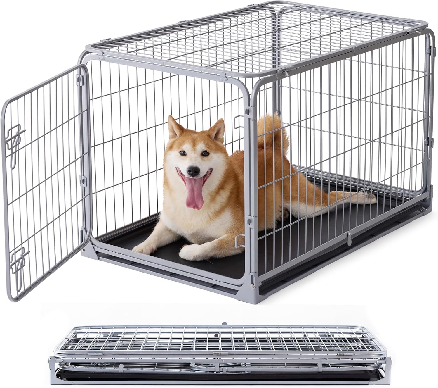 ZOMISIA Collapsible Dog Crate for Medium Dogs – 36 inch Escape Proof Metal Dog Kennel with Double Door, Easy Assembly Foldable Dog Cage with Removable Tray, Indoor Outdoor Use, Silver Gray