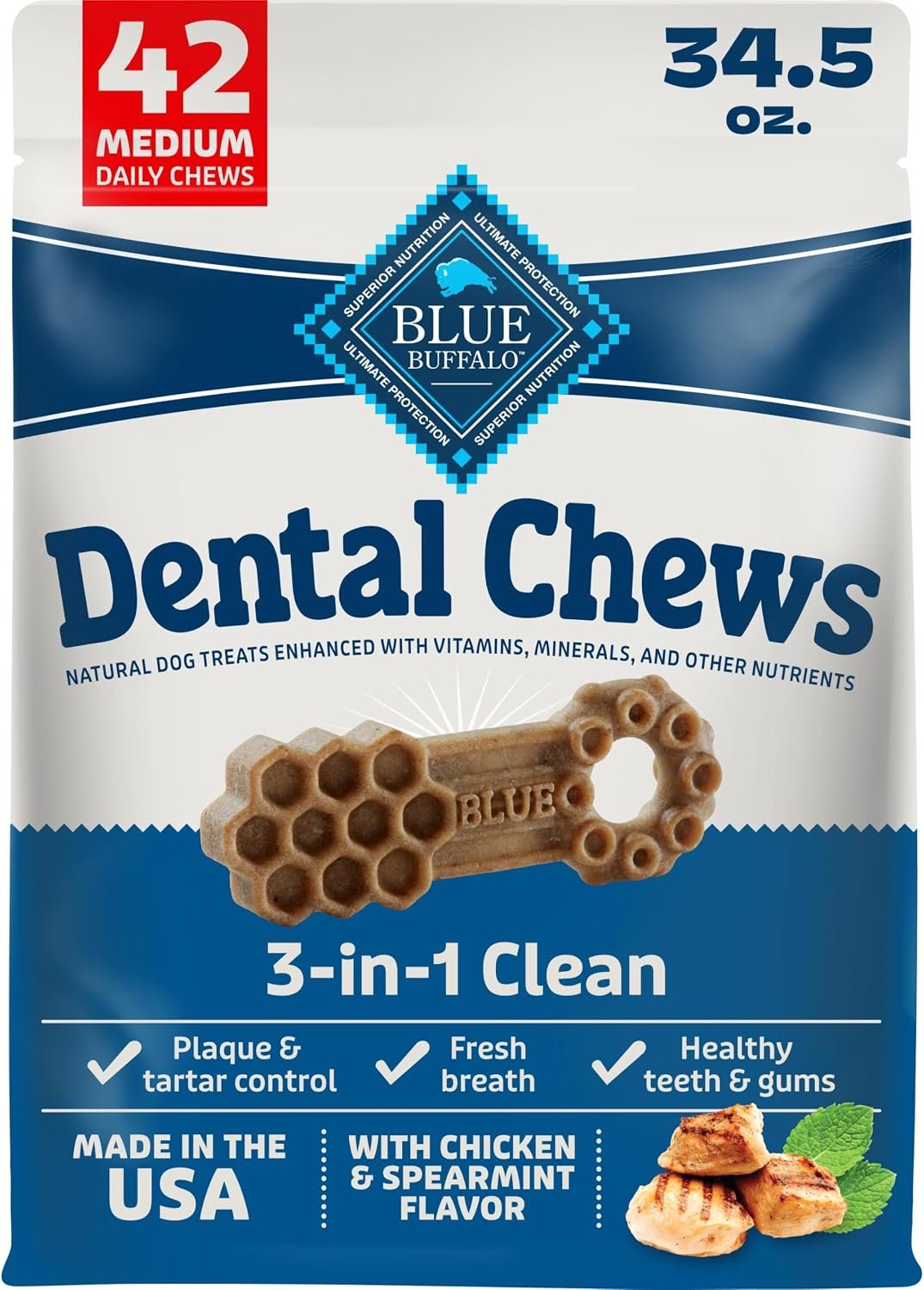 Blue Buffalo Chicken & Spearmint Medium Dental Chews, 34.5 oz, 42 ct | 50 Ridges & Grooves Fight Plaque & Tartar, Spearmint Freshens Breath, Natural Ingredients