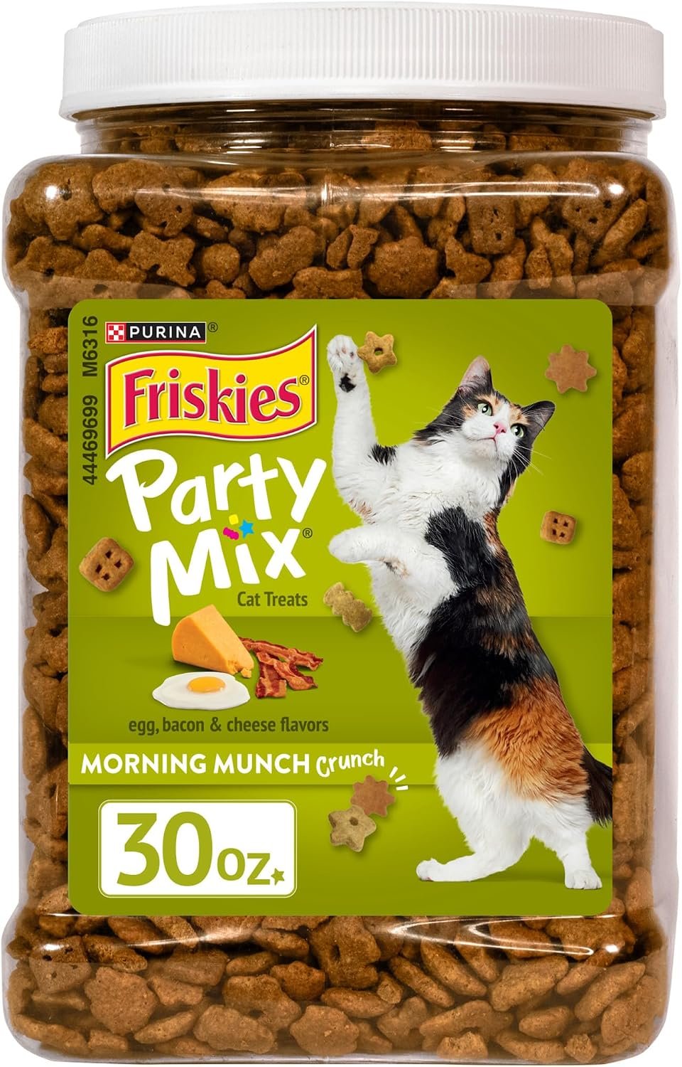 Purina Friskies Party Mix Morning Munch Crunch Egg, Bacon and Cheese Flavors Cat Treats – 30 oz Canister