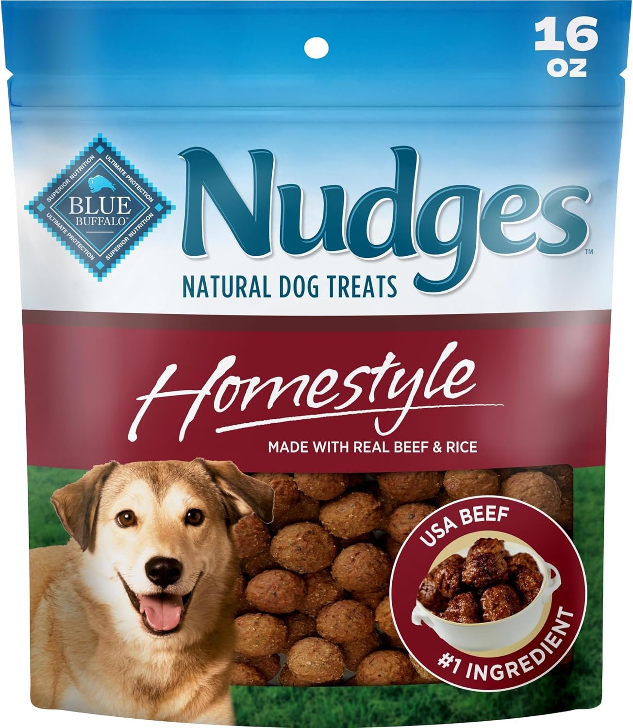Blue Buffalo Nudges Homestyle Beef & Rice Dog Treats, 16 oz | Real Beef First, Generous Chewy Cuts, No Chicken By-Product, Corn, Wheat, or Soy