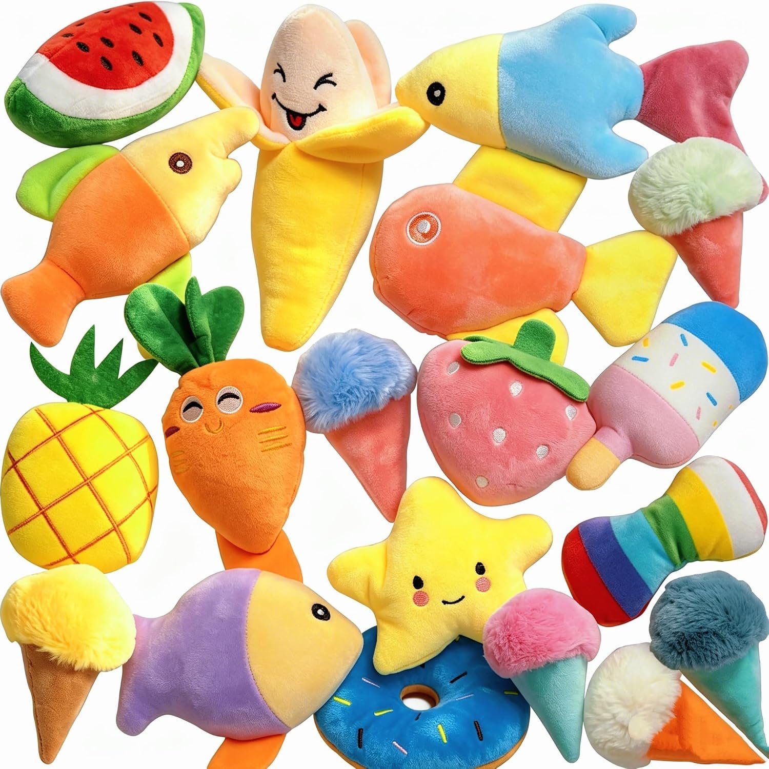 19 Pack Dog Toys for Small Dogs, Squeaky Dog Toy Bulk For Puppy Teething | Assorted Fruits Veggies Stuffed Dog Toys Bundle,Squeaky & Crinkle Sounds, for Small Medium Breeds to Engaged