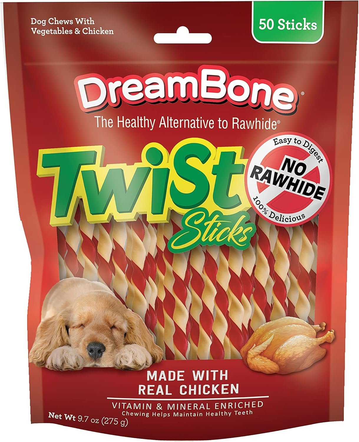 DreamBone Twist Sticks Rawhide-Free Dog Treats With Real Protein, 50 Count | Daily Chew, Digests Safely and Completely, Made With Real Chicken and Veggies, For Adult Dogs