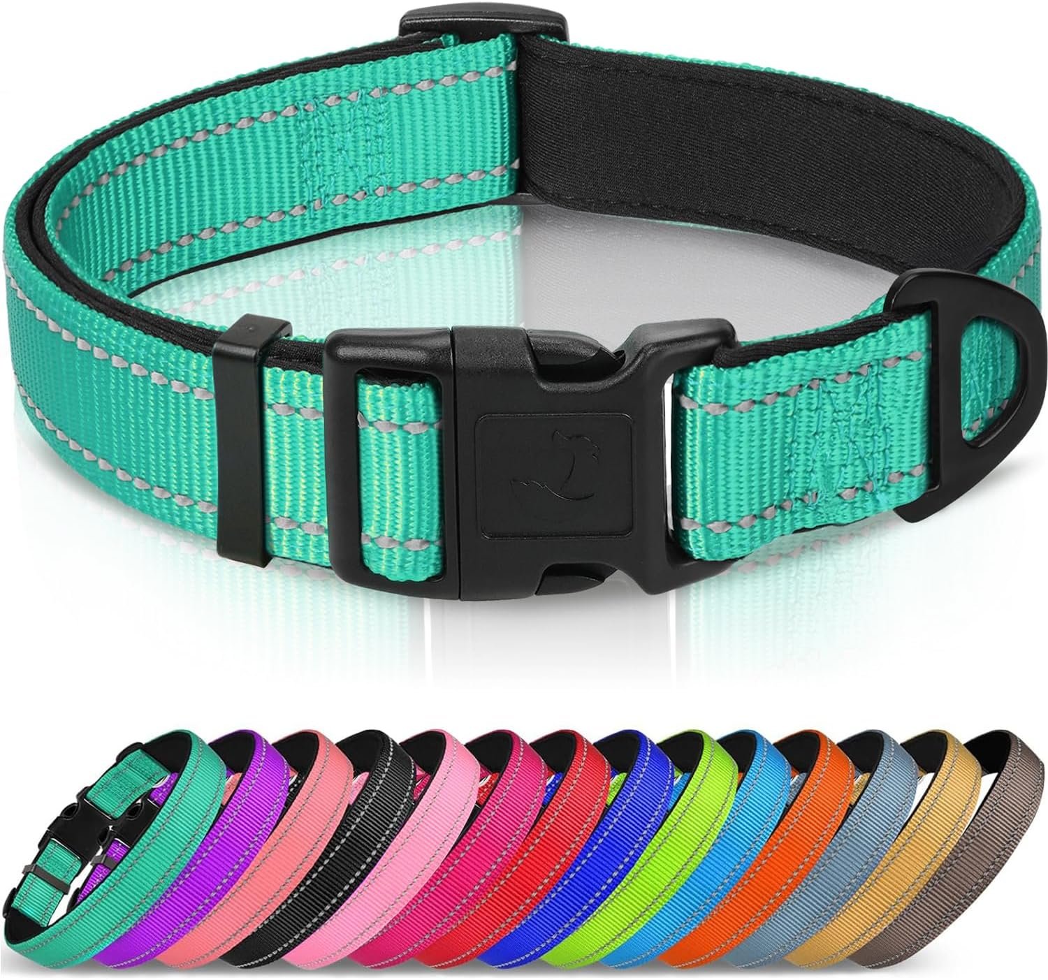 Joytale Reflective Dog Collar, Adjustable Neoprene Padded, Teal M | Breathable Nylon for Medium Dogs, No Chafing on Walks and Backyard Play, All-Day Comfort, Metal D-Ring, Night Safety