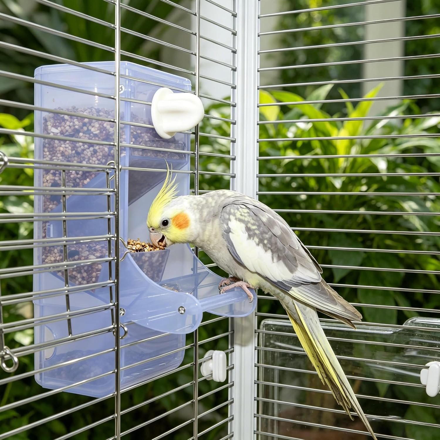 AOTU Automatic Bird Feeder for Cage Crack-Resistant Plastic Parakeet Cage Accessories No Mess Bird Cage Seed Catcher for Small Medium Birds Parrots Cockatiels Parakeets Conures Canaries (Light Blue)