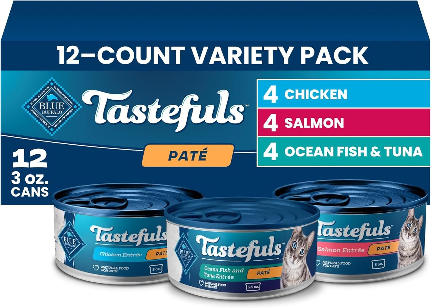 Blue Buffalo Tastefuls Variety Pack Paté Wet Cat Food, 3 oz, 12 ct | Salmon, Chicken, Ocean Fish & Tuna Entrées (4 of Each), No Corn, Wheat, or Soy