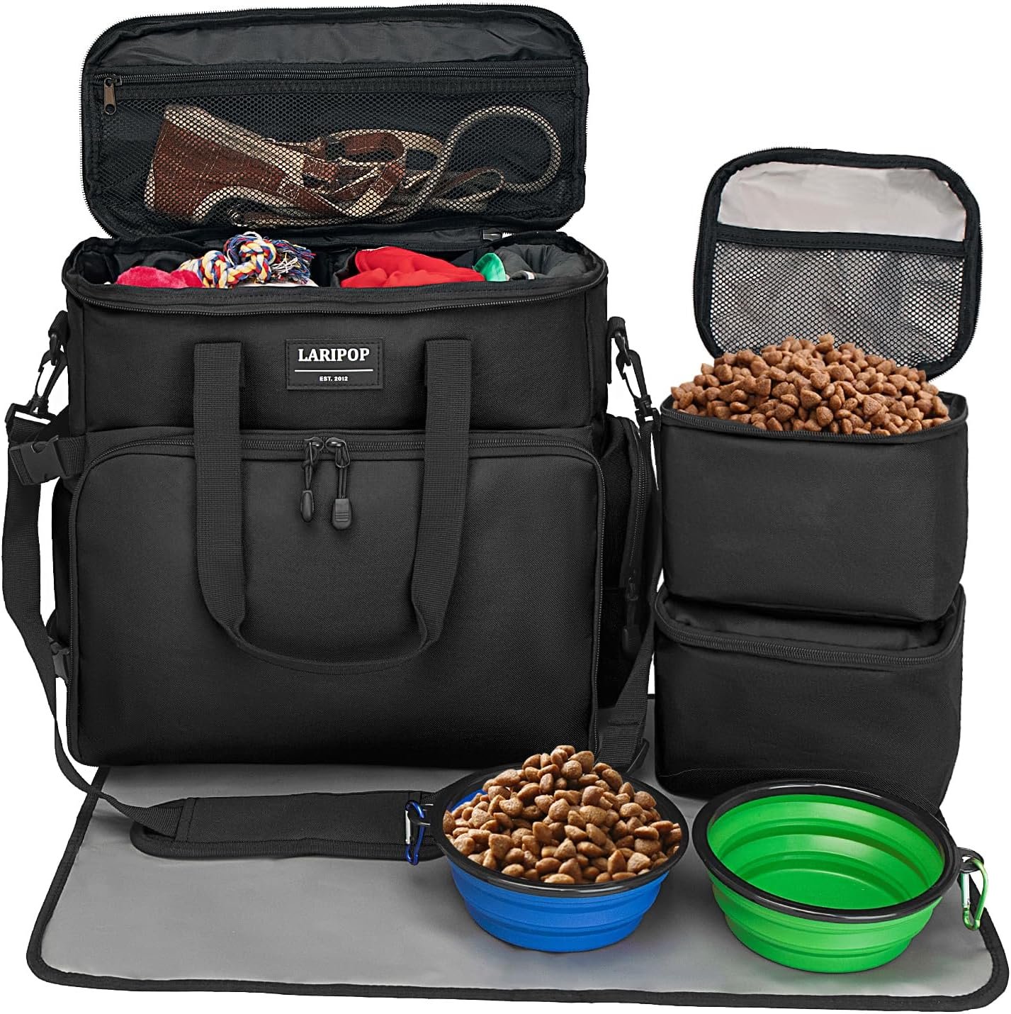 LARIPOP Dog Travel Bag Airline Friendly for Small Medium Large Dogs, Pet Travel Organizer with Collapsible Bowls Food Containers Mat, Waterproof Portable Tote for Dog Outdoor Travel
