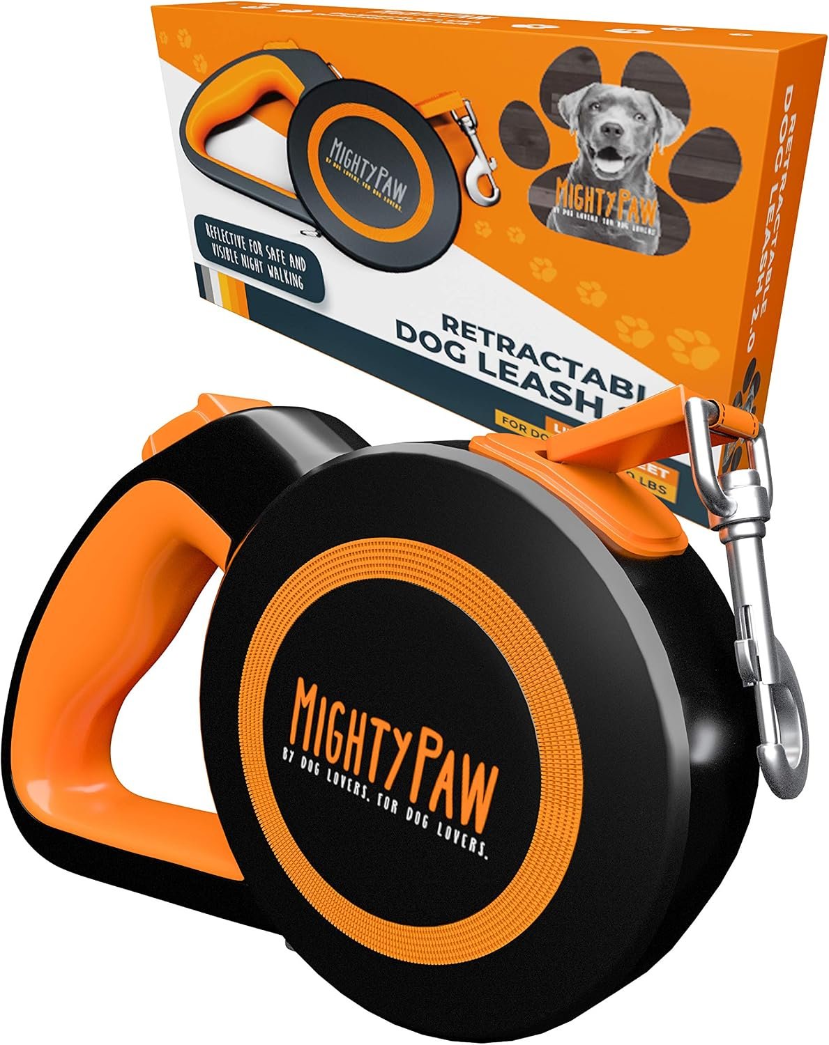 Mighty Paw Retractable Dog Leash 2.0 | 16′ Heavy Duty Reflective Nylon Tape Lead for Pets up to 0-50 lbs. Tangle Free Design W/One Touch Quick-Lock Braking System & Anti-Slip Handle (Orange/Lite)
