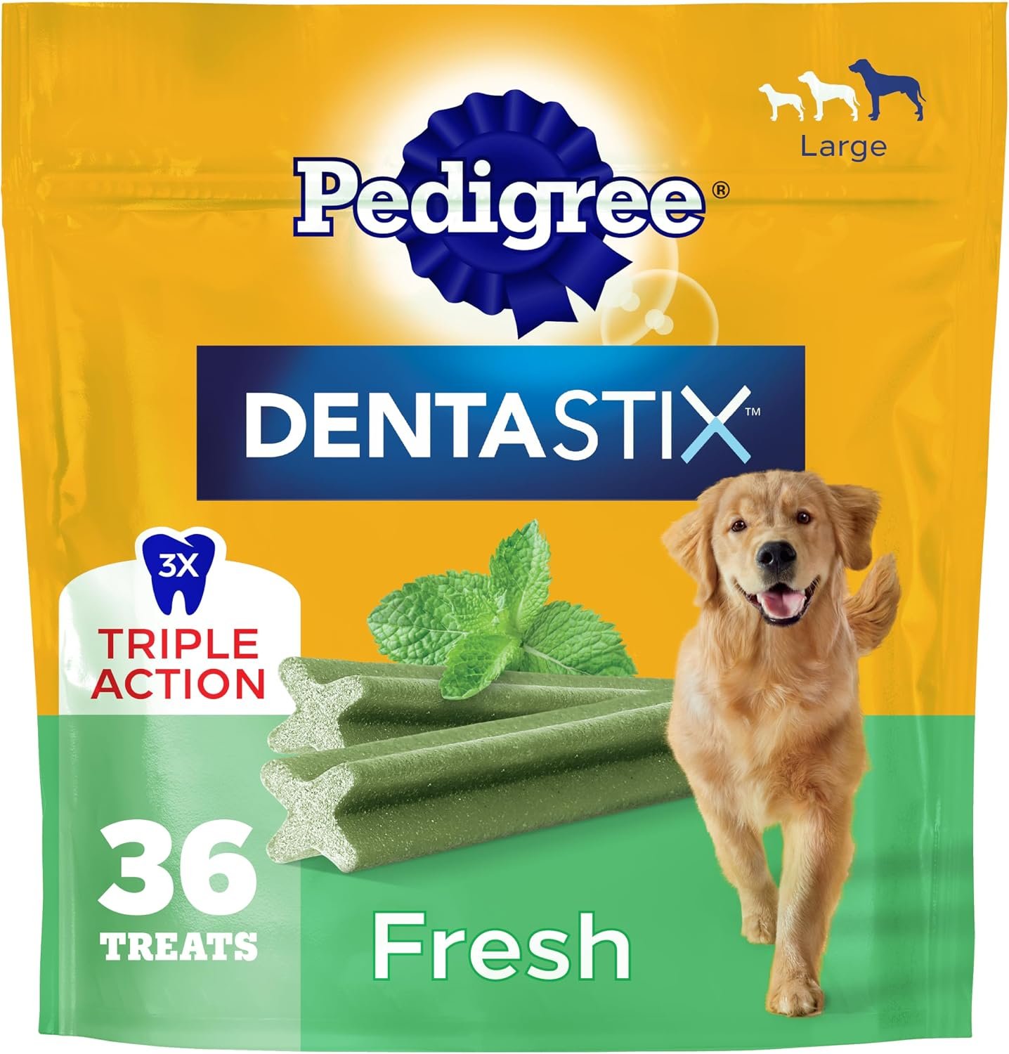 Pedigree Dentastix Large Breed Dental Dog Treats, Fresh, 36 Count | Triple action dental care, reduces tartar, cleans teeth, freshens breath, for dogs 40+ lbs, no added sugar/fillers