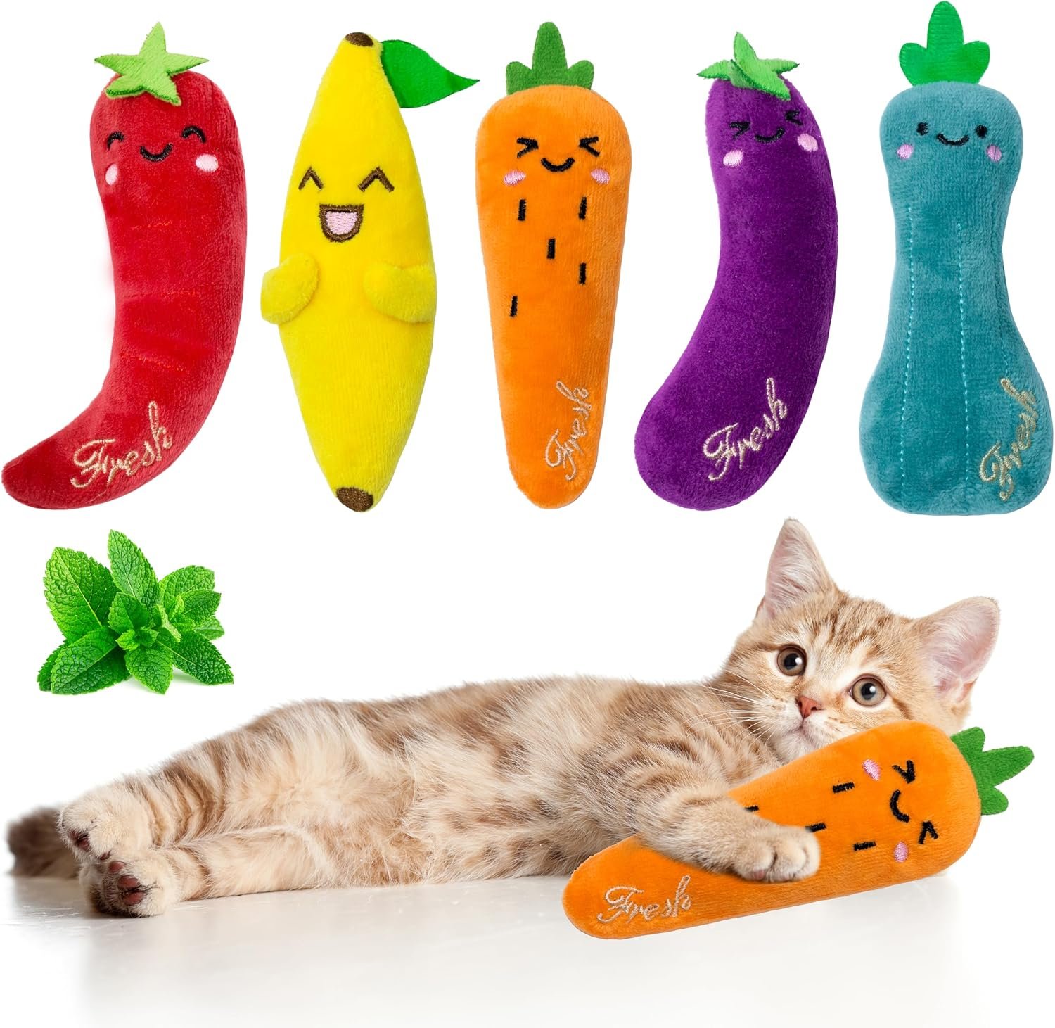 Seyezo Catnip Toys for Indoor Cats, Cat Toys for Cats, Vegetable, 5 Pack | Fluffy, For Chewing Playing, Interactive Kitten Toys, Catnip Filled, Chew Teething Toys