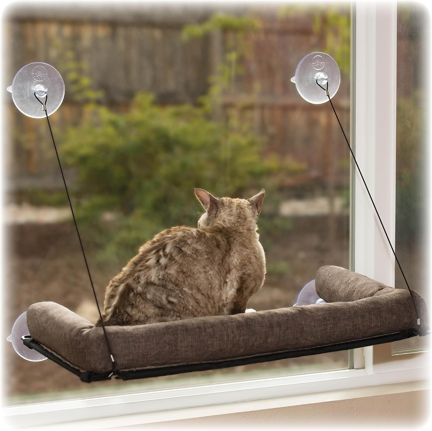 K&H Cat Window Perch, EZ Mount Bolster – Fits 27in Wx23in H Glass Spaces | Cat Window Hammock Bed, Steel Frame, Sturdy Suction Cups, Washable Shelf Covers, Foldable, For Large Felines