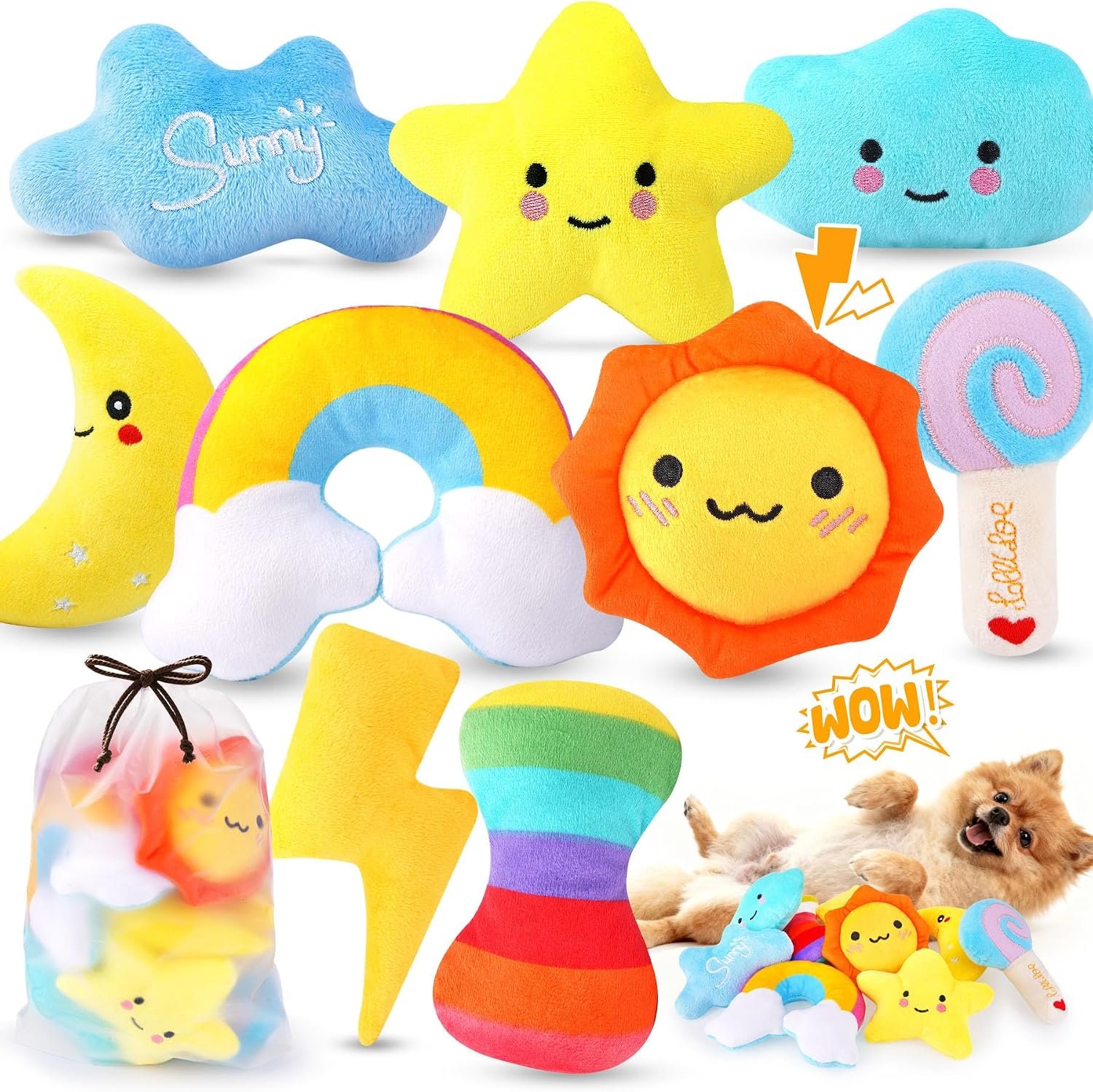 KIPRITII 9-Pack Squeaky Dog Toys for Small Dogs & Puppies with Storage Bag | Soft Plush,Built-In Squeakers,Weather-Themed Designs,Keeps Dogs Engaged