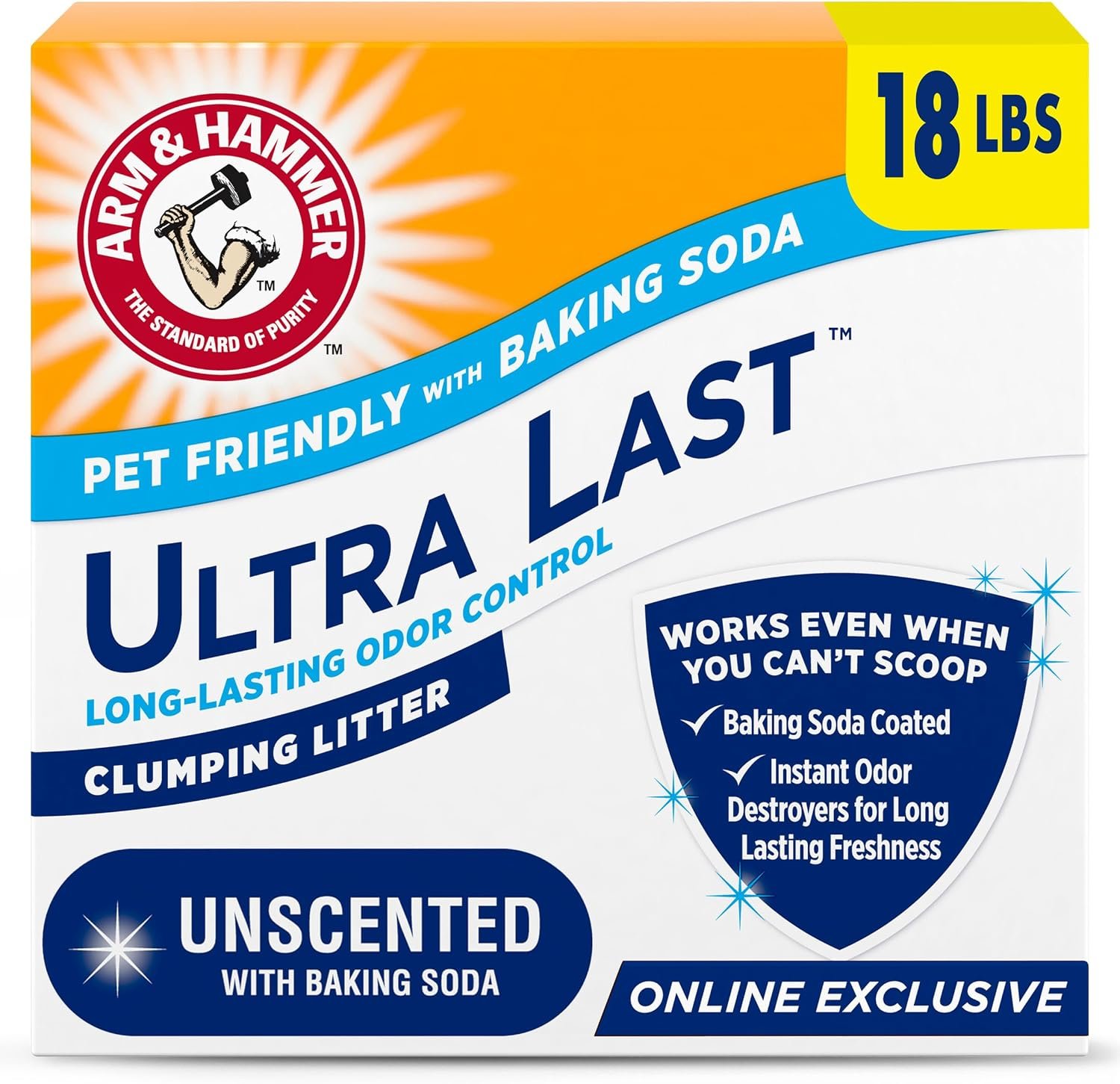 ARM & Hammer Ultra Last Clumping Cat Litter, Unscented, MultiCat, 18 Lbs | Clumping Formula, 99% Dust Free, Pet Friendly, Baking Soda Odor Control