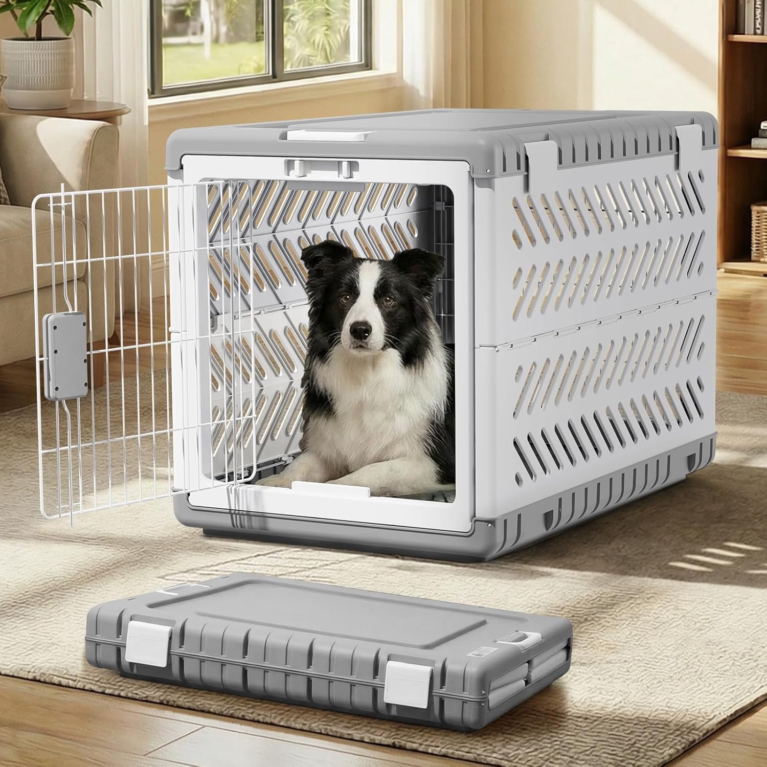 Collapsible Dog Crate for Large/Medium Dogs – 36″ L Foldable Dog Cage No-Tool Assembly, Travel Dog Crate with 2 Wheels – Easy to Carry, Space-Saving, Indoor Outdoor Use, 36.4″(L) x22.84(W) 25.8″(H)