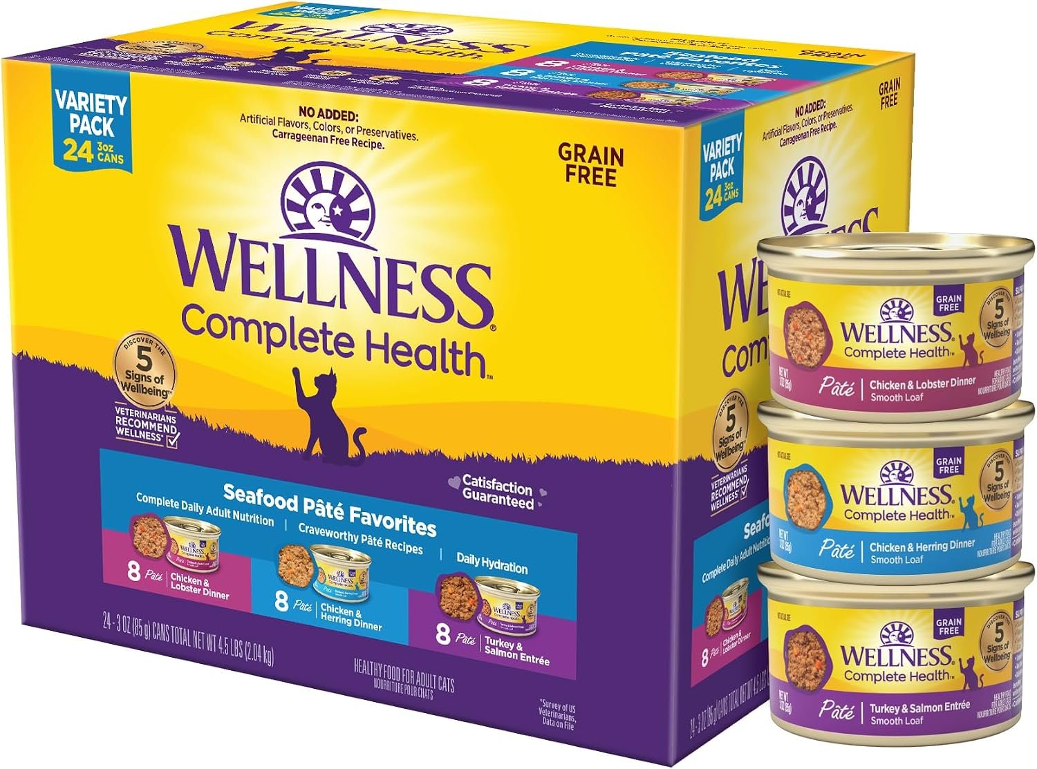 Wellness Complete Health Pate Variety Pack Adult Canned Wet Cat Food, Natural, Protein Rich, Grain Free, Seafood Favorites, 3 oz, Pack of 24 Cans