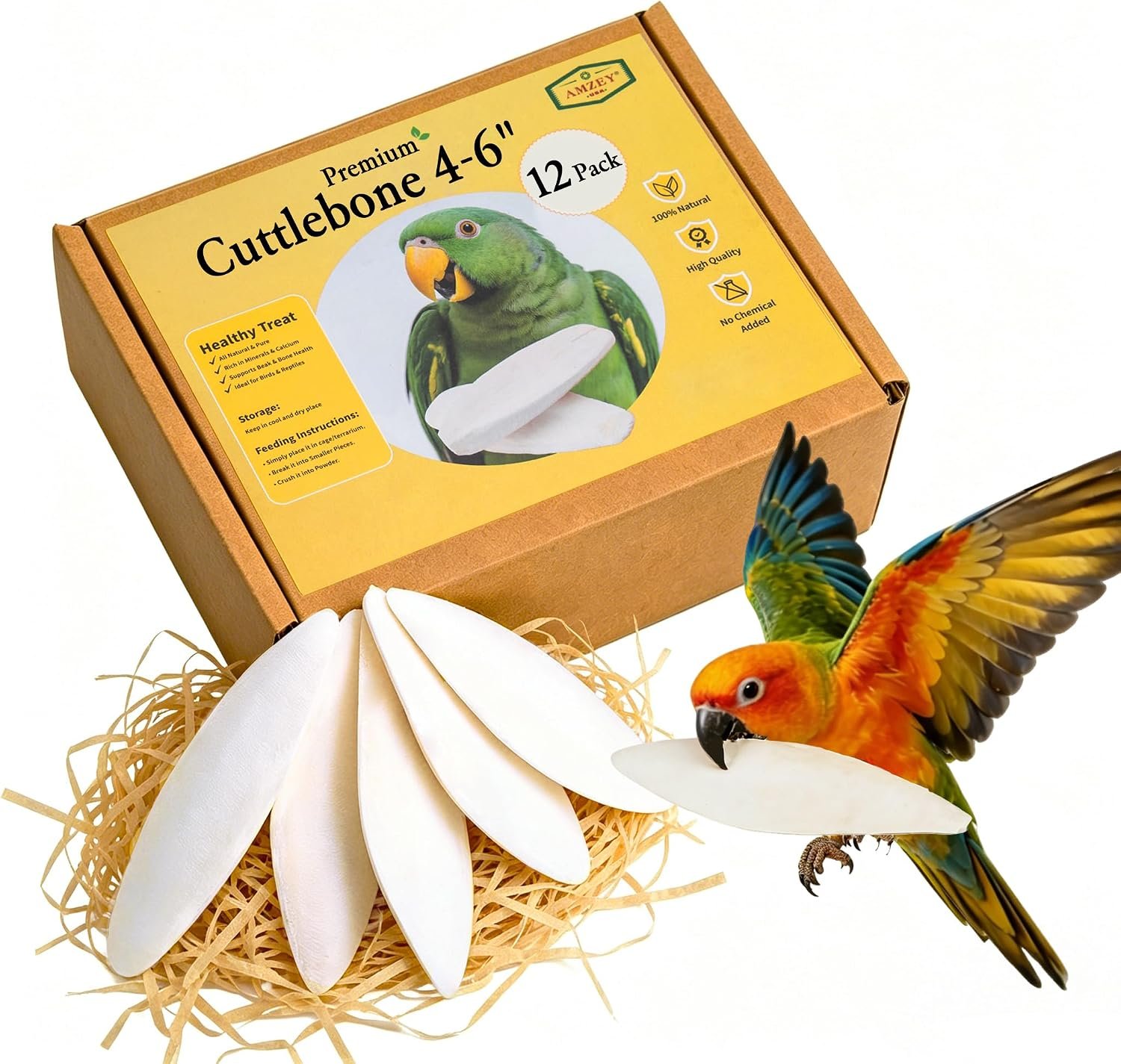 Amzey 12 Pack Cuttlebone for Birds, 4-6 Inch Natural Calcium Source for Parrots