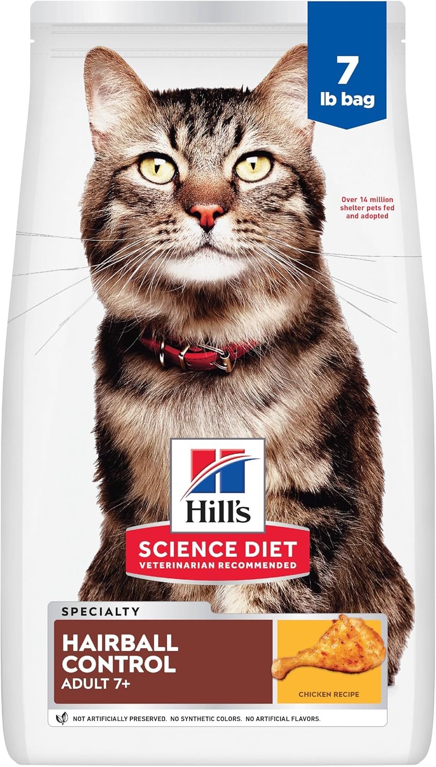 Hill’s Science Diet Adult 7+ Hairball Control Dry Cat Food | #1 Veterinarian Recommended, Chicken Recipe, 7 lb. Bag