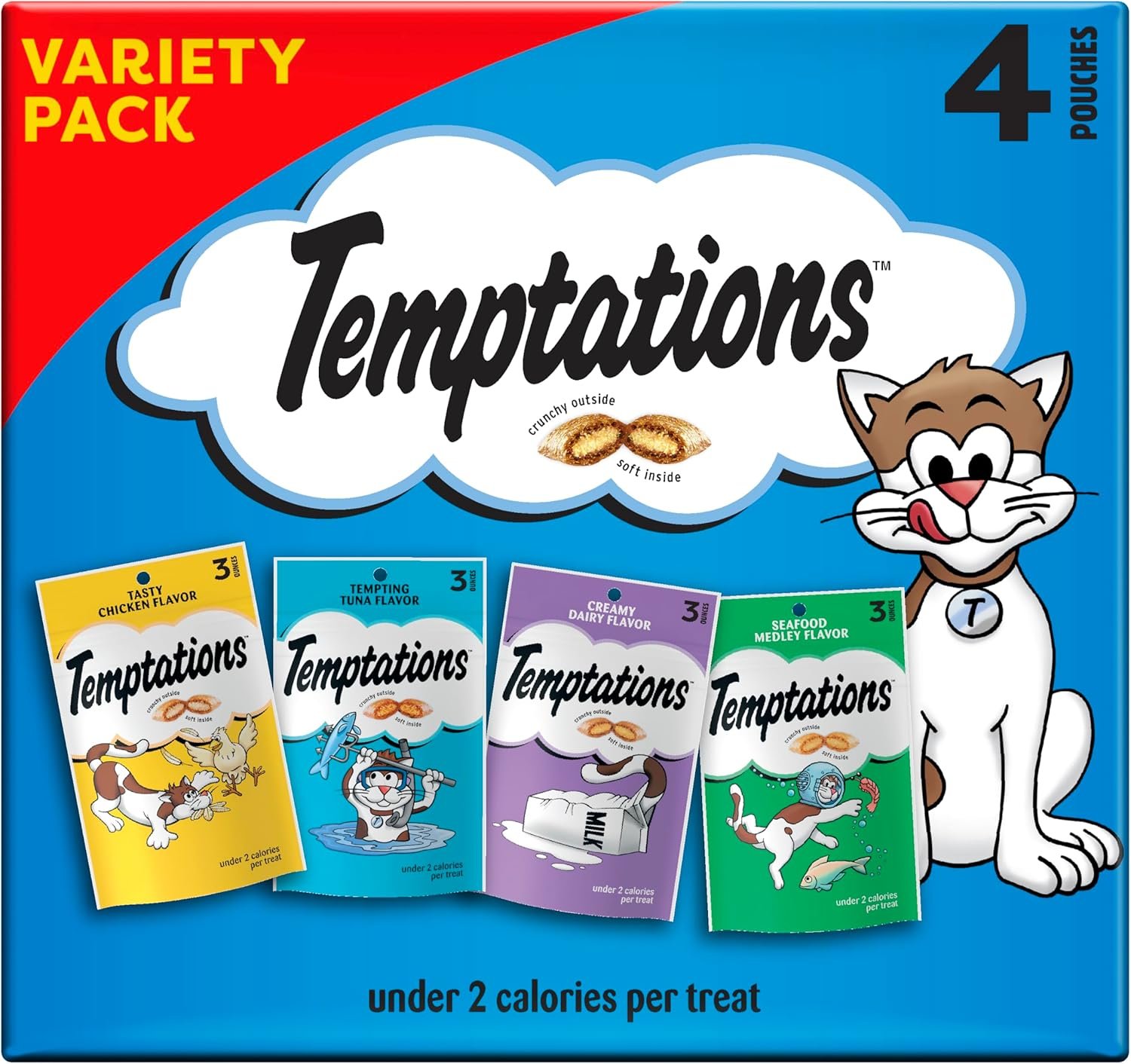 Temptations Classic Crunchy Cat Treats, Feline Favorites, 3 oz, 4 Pack | Under 2 calories per treat, 100% complete & balanced for adults, resealable pouches, use as snack, meal, or food topper