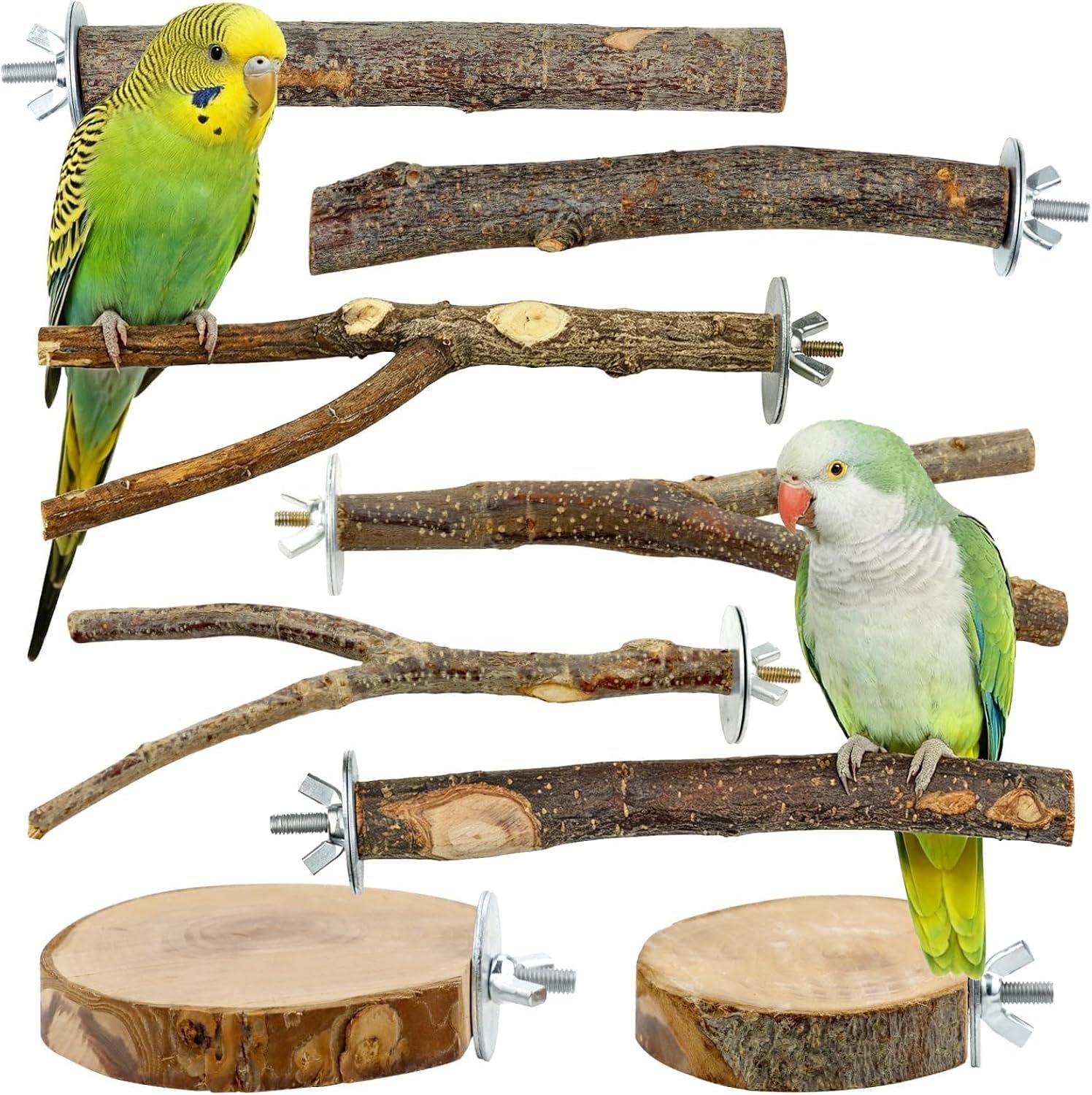 8 Pcs Natural Wood Bird Perch Set for Parakeets & Budgies | Ideal for Small/Medium Birds (Budgies, Conures) | Bark Textures for Foot Health | Tool-Free Wing-Nut | Safe Chewing