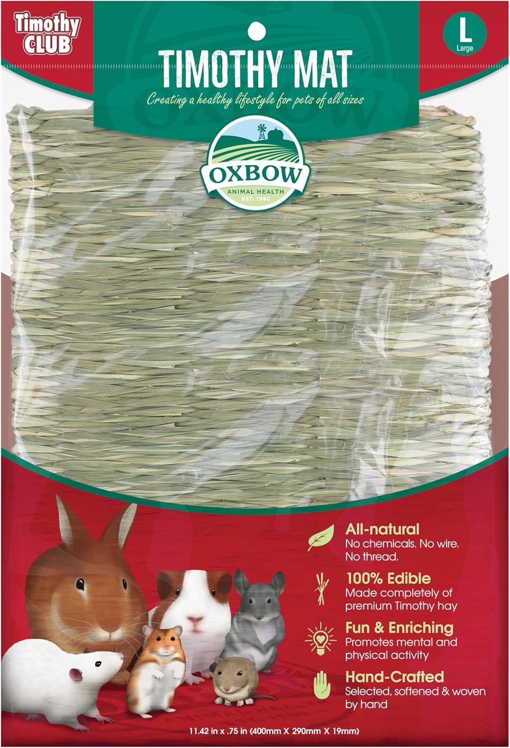 Oxbow Timothy Hay Mat, Edible Rabbit & Guinea Pig Chew Mat, Large | Hand-Woven, Timothy Hay Chew Mat, For Rabbits, Guinea Pigs, Chinchillas And Rats, Edible Cage Enrichment, Supports Chewing