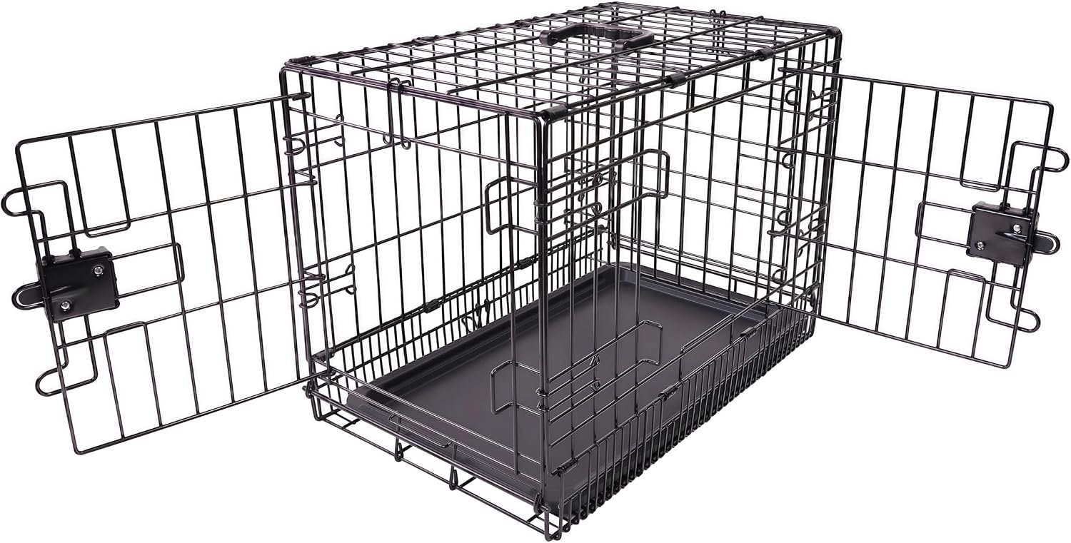 Amazon Basics Portable, Foldable Metal Wire Dog Crate with Removable Tray, Double Door, Divider Panel, 24″ x 18″ x 20″, Black