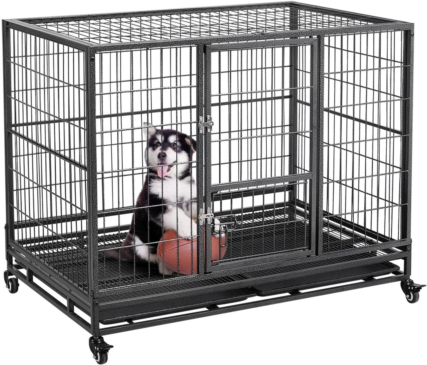 Yaheetech 43 Inch Collapsible Open Top Metal Dog Crate w/Double Doors | Durable Frame, Pull-Out Trays, Anti-Escape Latches, Quick Fold Storage, Lockable Wheels,Roomy Space For Medium/Large Dogs