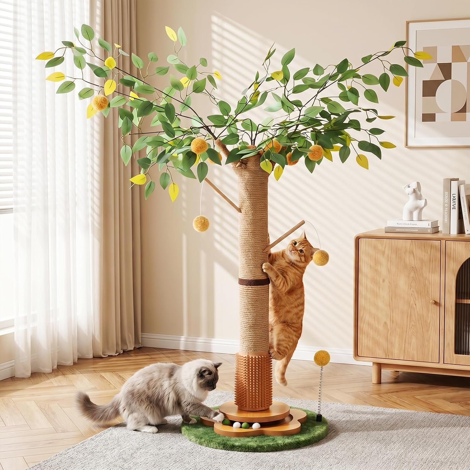 41″ Tall Cat Scratching Post for Large Cats – XL Sturdy Cat Scratching Post with Solid Wood Base, Sisal Rope Scratching Posts for Indoor Cats Adults with Self-Grooming Brush, 4 Detachable Hanging Toys