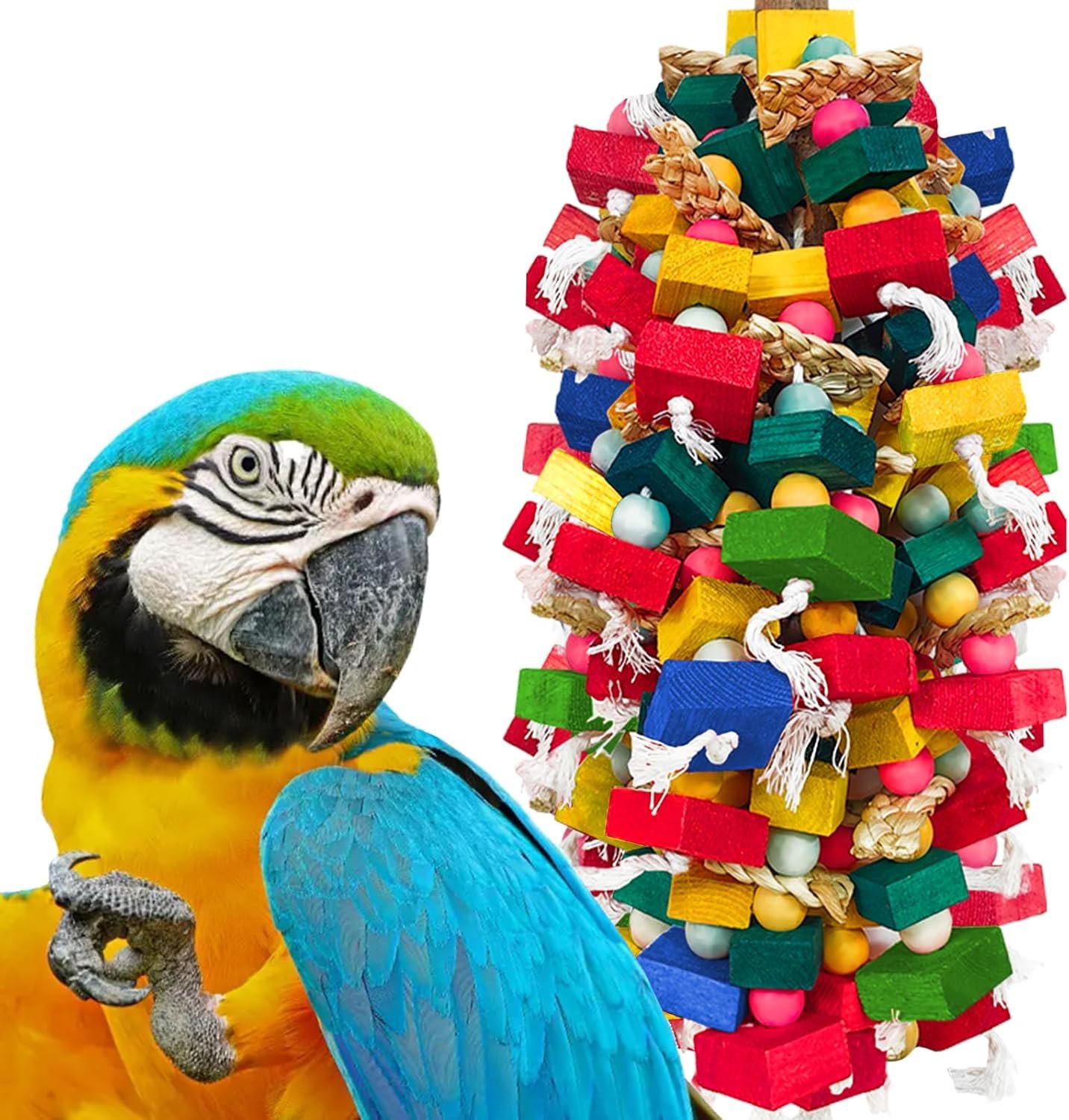 Extra Large Bird Toys for Macaws Cockatoos Amazons Chew – Natural Wood Parrot Chewing Toy with Foraging, Bird Cage Activity Center