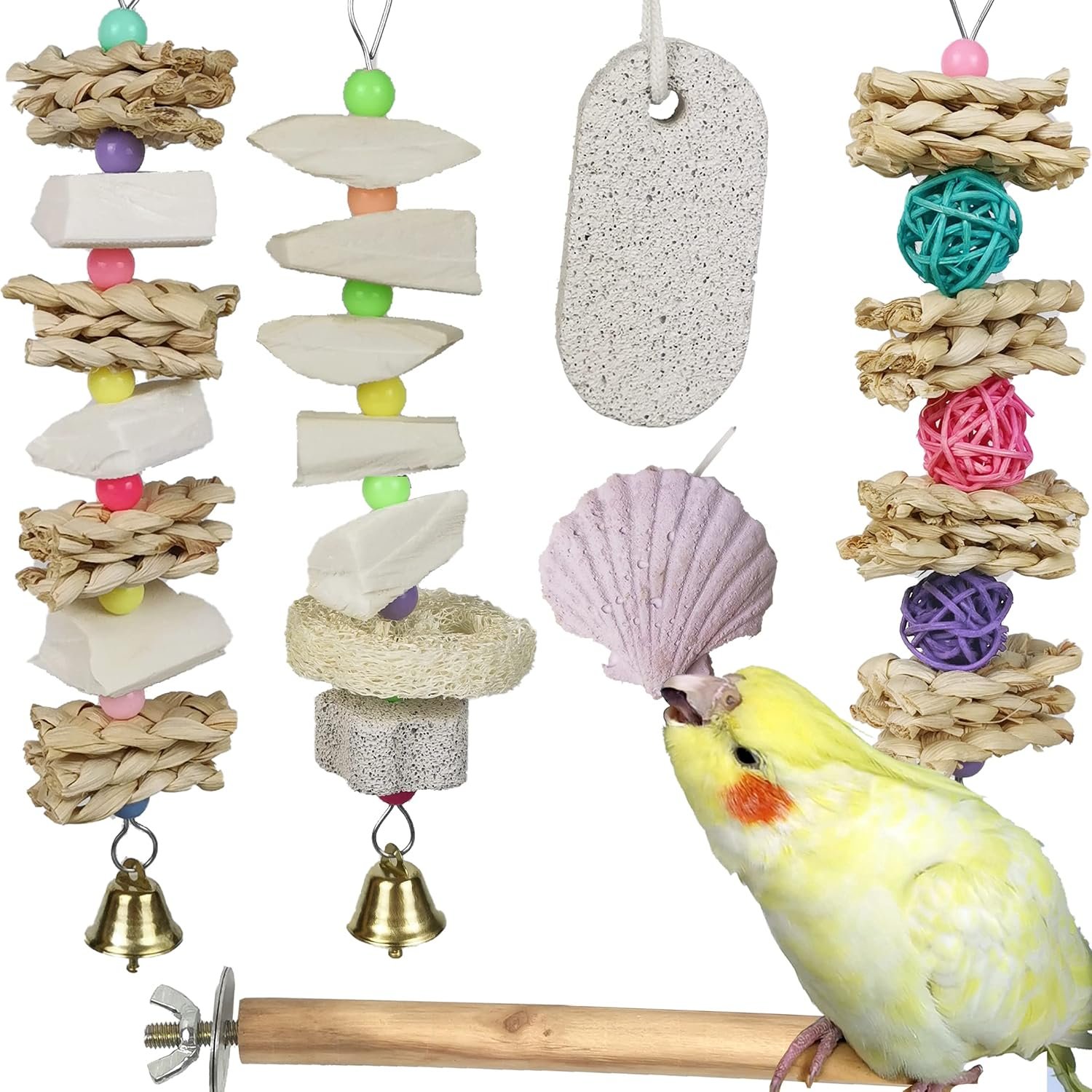 Parrot Chewing Toys (6 pcs) Natural Cuttlebone Bird Beak Trimmer Grinding Stone Lava Block Calcium Stone Bird Perch Cage Toys for Small and Medium Parakeets, Cockatiels, Conures, Budgies, Lovebirds