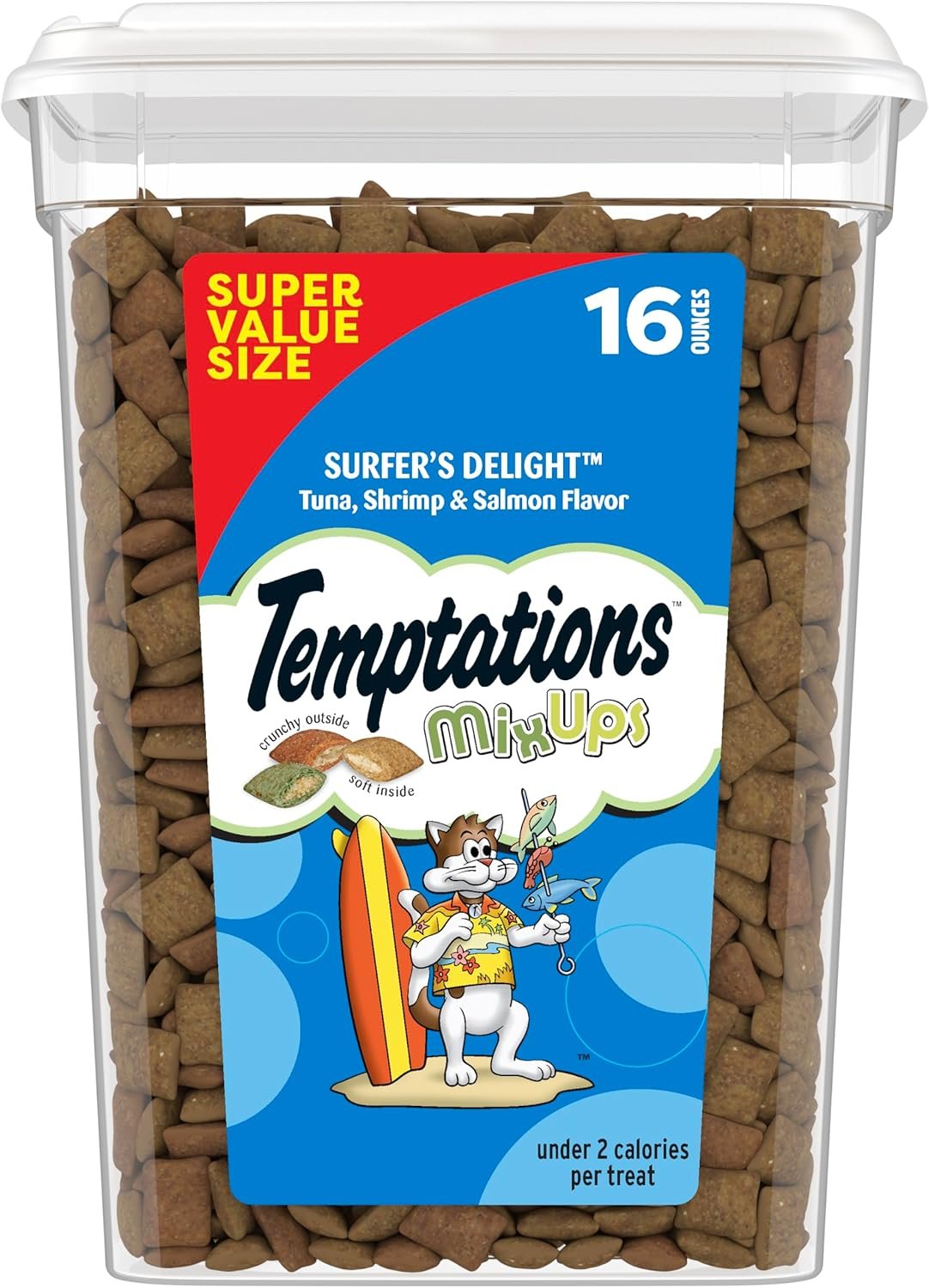 Temptations MixUps Crunchy Cat Treats, Surfer’s Delight, 16 oz | Tuna, Shrimp & Salmon flavors, crunchy & soft texture, under 2 cal/treat, no artificial flavors, resealable tub
