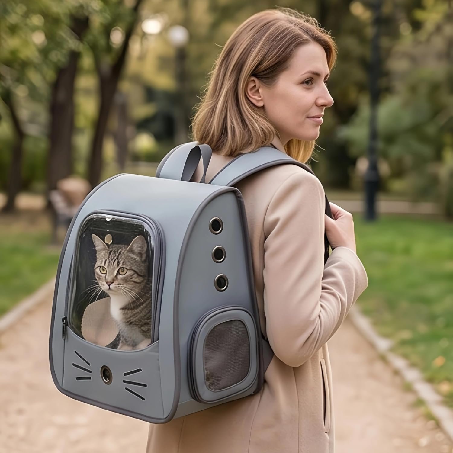 Cat Backpack Carrier with Bubble Window, Large Space Breathable Backpack for Cats and Small Dogs, Ventilated Kitty Backpack Carrier, PU Leather Cat Carrier Backpack for Hiking Outdoor.