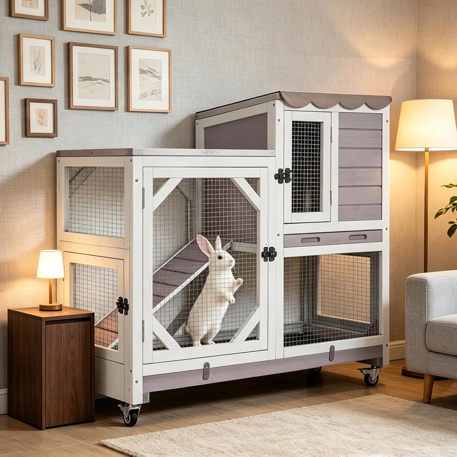 GUTINNEEN Wooden Duplex Rabbit Cage on Wheels with Chew-Proof Ramp, Grey | 4 mobile swivel casters, 2-story design, waterproof rain cover, 5 access doors, 2 sliding trays