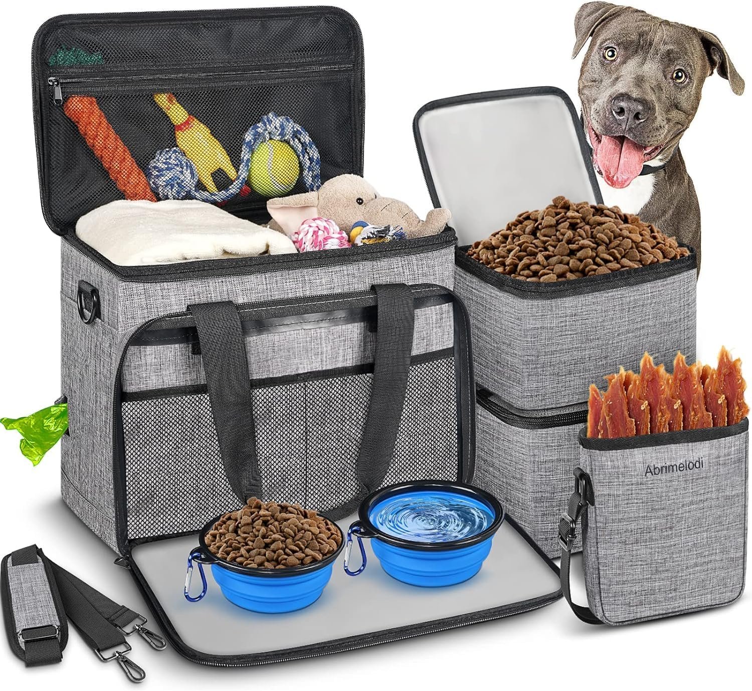 6 Set Dog Travel Bag, Large Pet Travel Kit for Supplies, Grey | Includes 2 Food Containers, 1 Pet Organizer for Dogs, 2 Collapsible Bowls, 1 Treat Pouch, Dog Weekend Overnight Bag Luggage