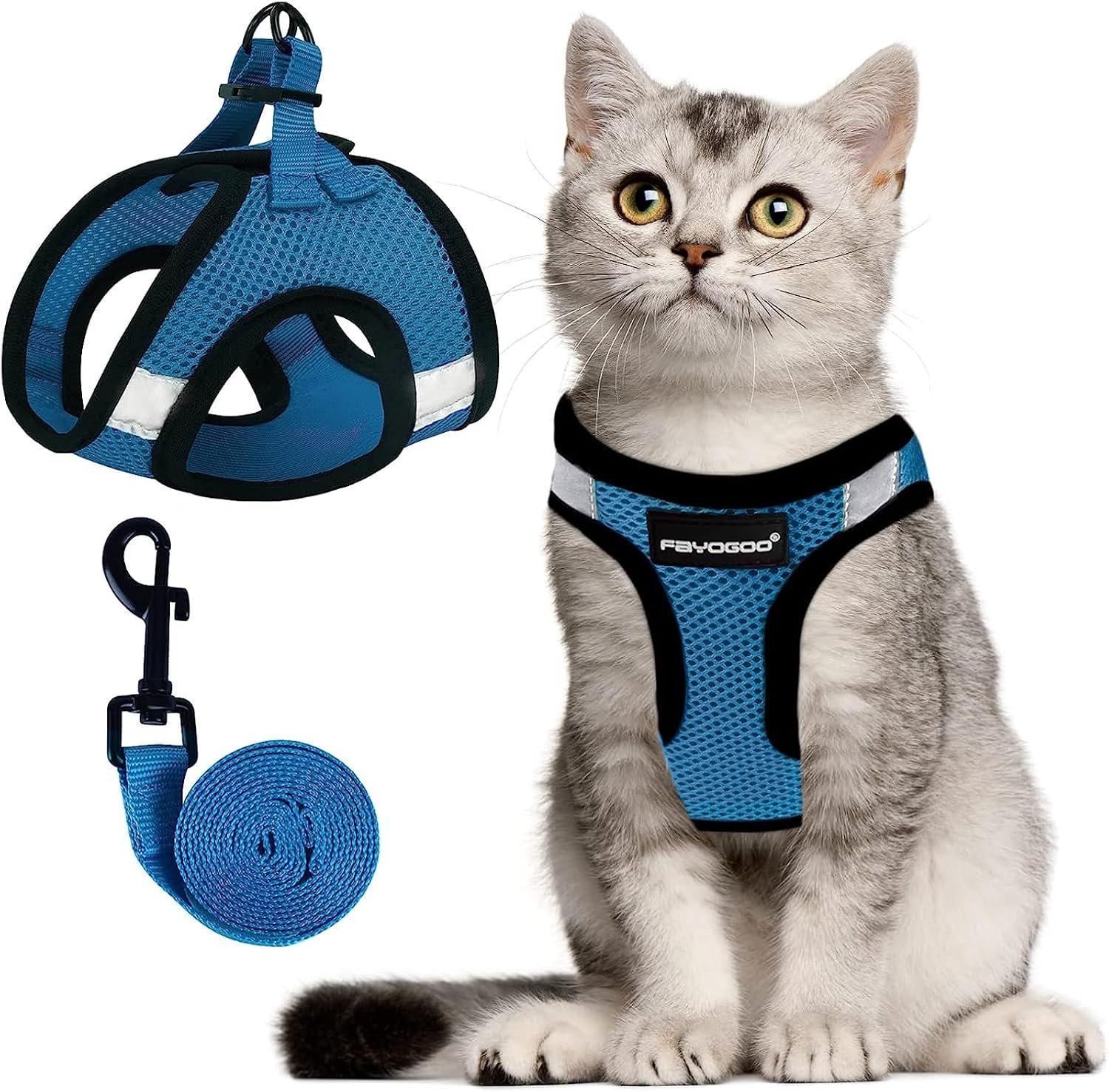 FAYOGOO Cat Harness and Leash Set, Escape-Proof Step-in Vest for Walking | Step-in mesh vest, velcro + buckle + D-ring; reflective strips; includes matching leash; 5 sizes