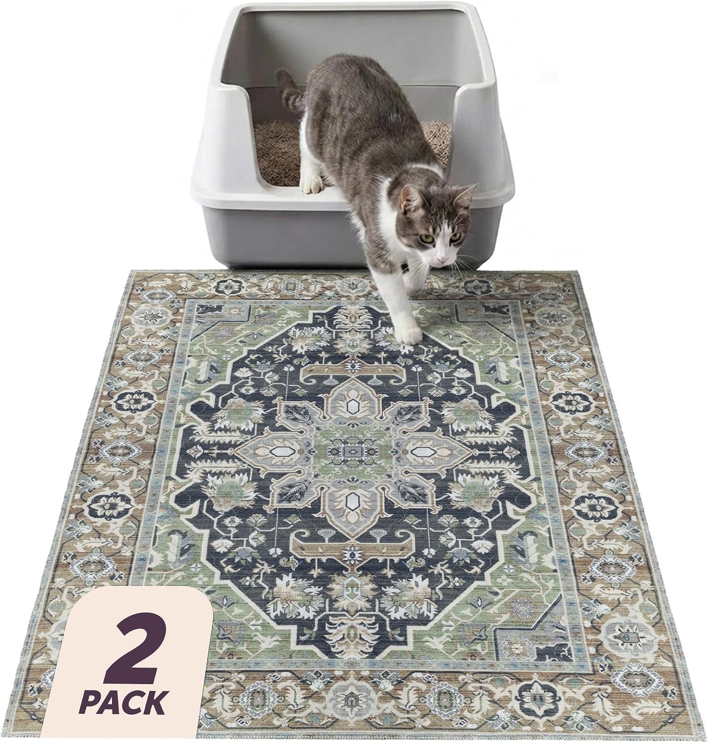Lovewag Cat Litter Mat, Litter Box Mat, Sage Forest, 36×48, 2 Pack | Washable litter mat cover, kitty litter mat & cat mat for litter box, litter trapping mat, prevents tracking, multi-cat