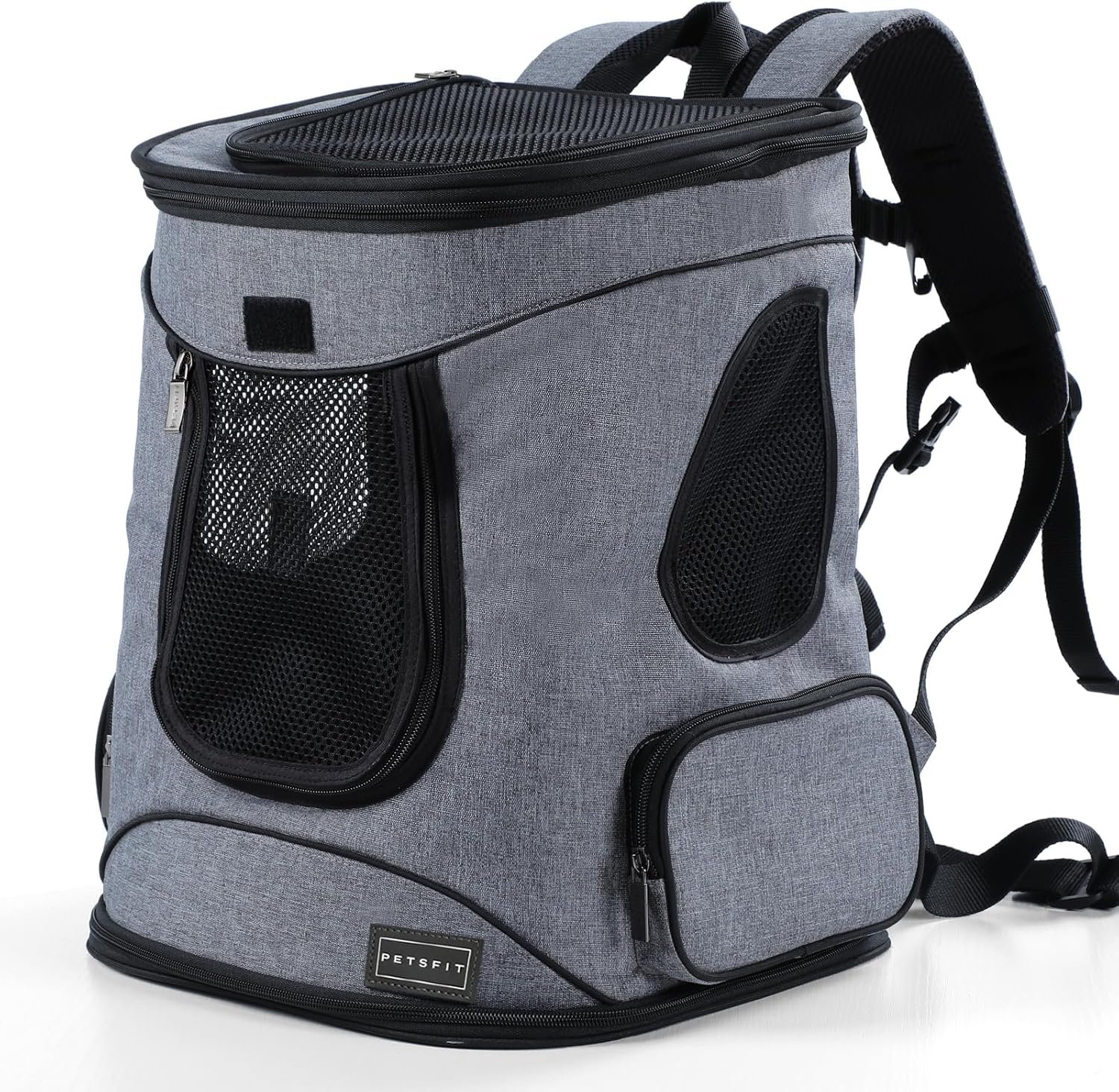 Petsfit Dog and Cat Backpack Carrier, Padded Waist Support, Up to 18 lb | 13.5 x 12.5 x 17.5 in; reinforced frame, 600D Oxford, 4 mesh panels, lockable zippers, safety tether and washable mat.