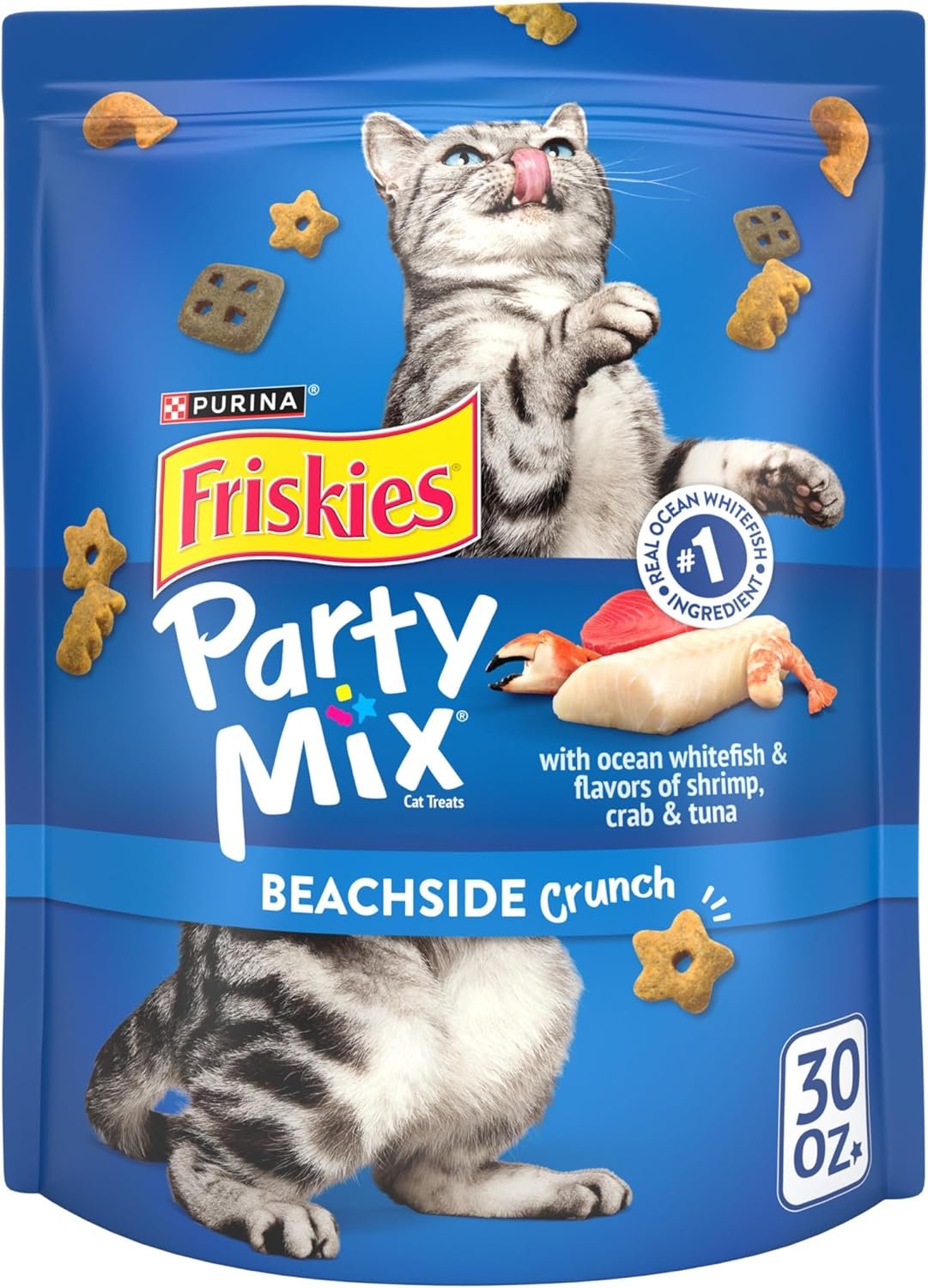Friskies Purina Party Mix Beachside Crunch Treats, 30 oz Pouch | Made with real ocean whitefish as the number one ingredient, with shrimp, crab and tuna flavors in every bite for adult cats