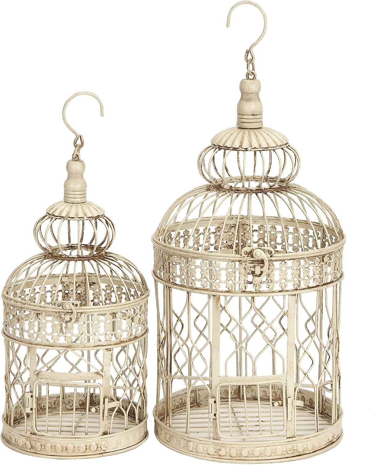 Deco 79 Metal Round Birdcage with Latch Lock Closure and Hanging Hook, Set of 2 22″, 18″H, Cream