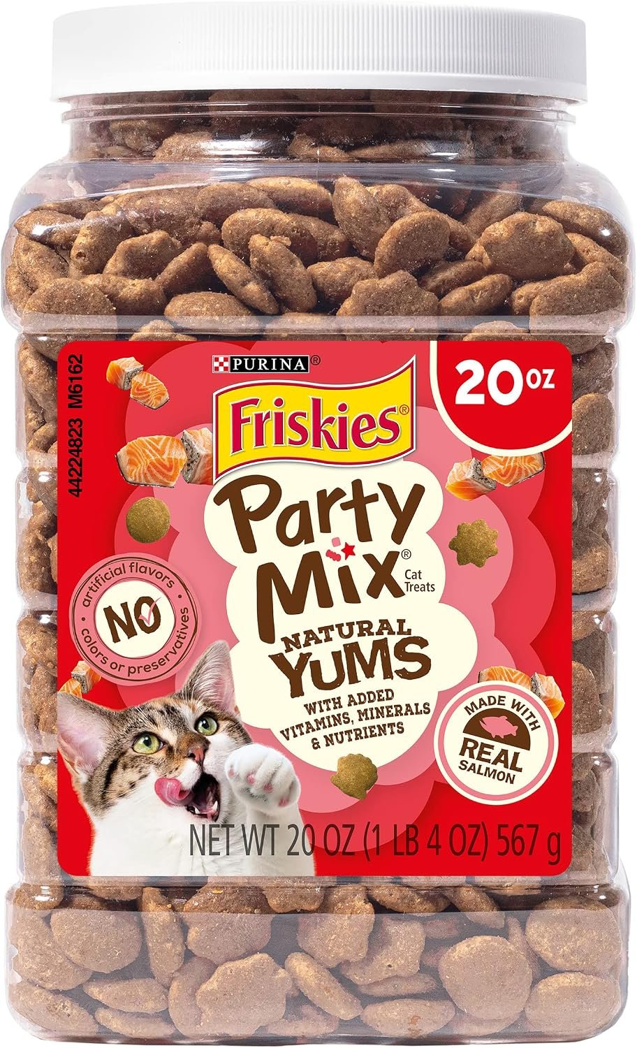 Friskies Purina Party Mix Natural YUMS Real Salmon Cat Treats, 20 oz | Unique crunchy shapes created with high quality fish as the first ingredient and added vitamins and minerals