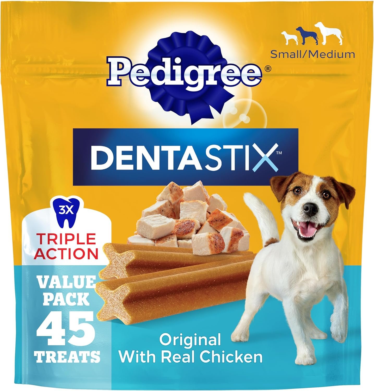 Pedigree Dentastix Small & Medium Dental Dog Treats, Original, 45 Count | Original chicken flavor, Triple action dental care, reduces tartar, cleans teeth, freshens breath, for dogs 7-22 lbs