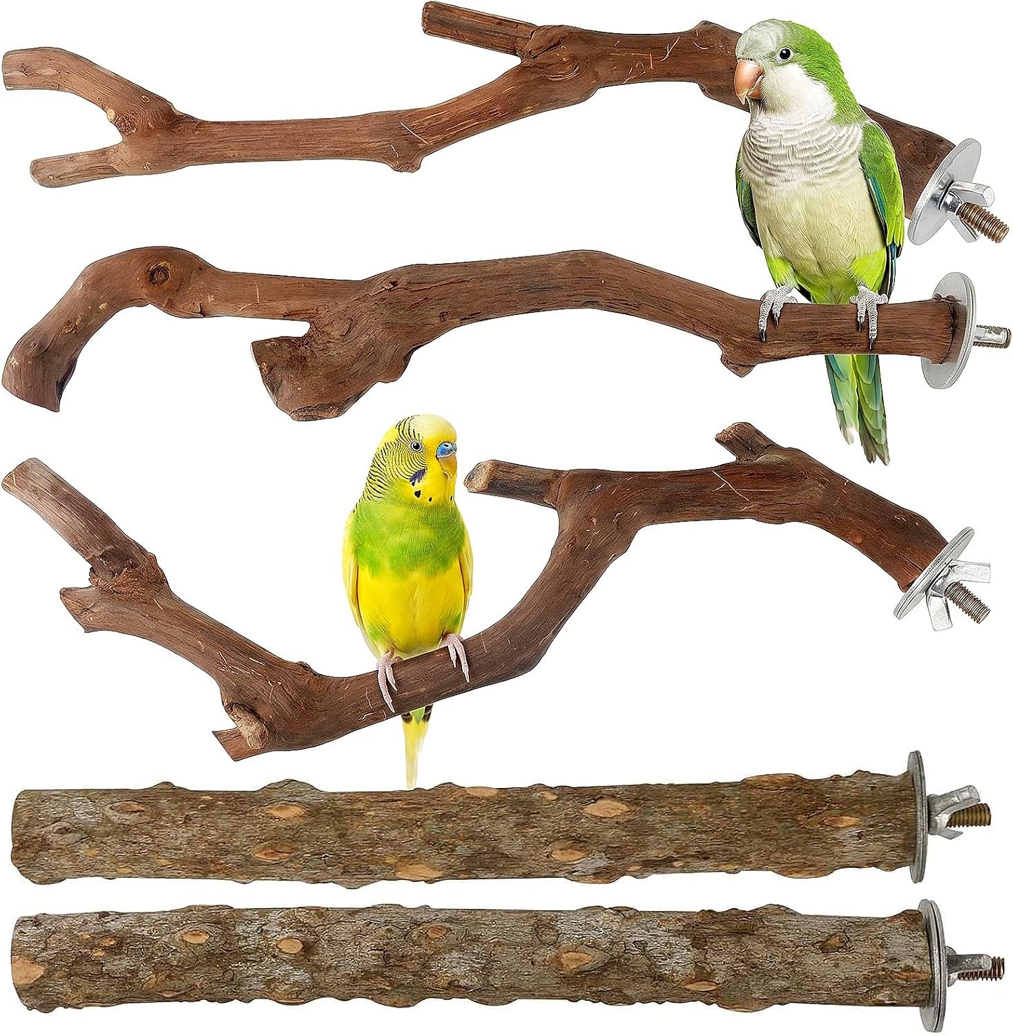 5PCS Bird Perch Stand Natural Wooden Parrot Stand Branch,3 Grape Wood Perch,2 Stand,Paw Grinding Fork Parakeet Chewing Stick Exercise Training Branches for Cockatiels,Small Medium Birds